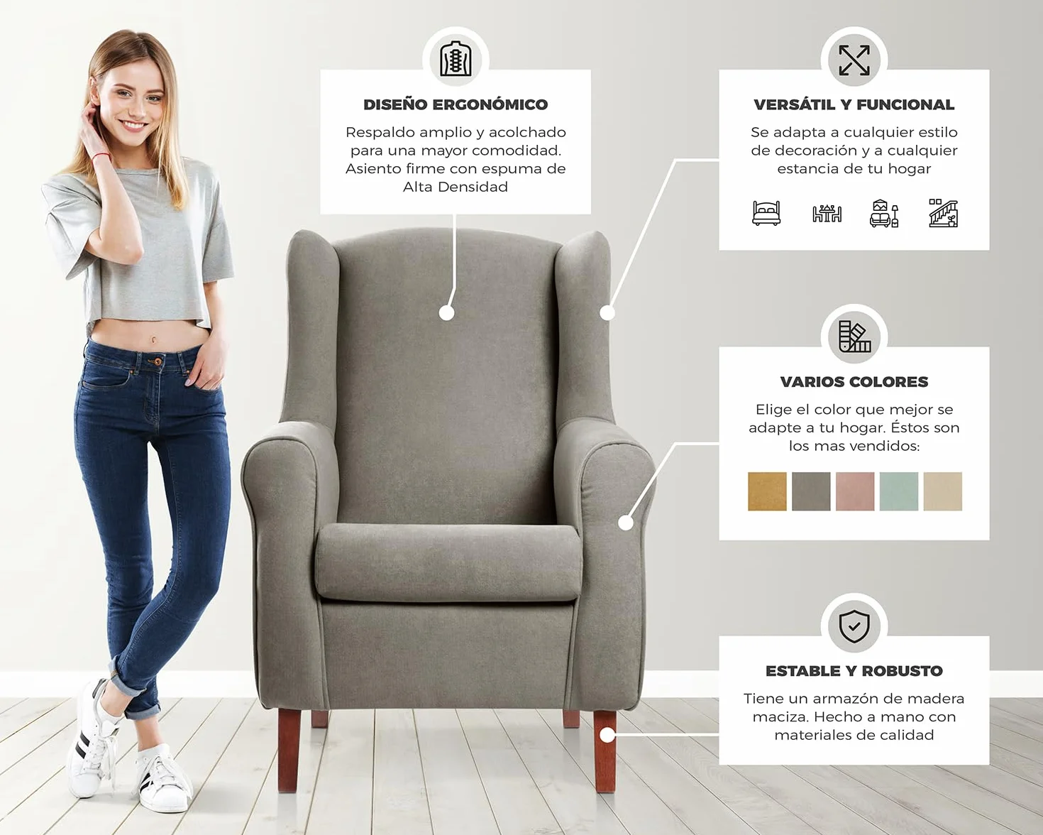 Sillon orejero Carla tapizado en Tela Antimanchas Color Mostaza (104 x 77 x 75 cm). Butaca de Salon o Dormitorio, para Leer, Ver la TV o para Lactancia