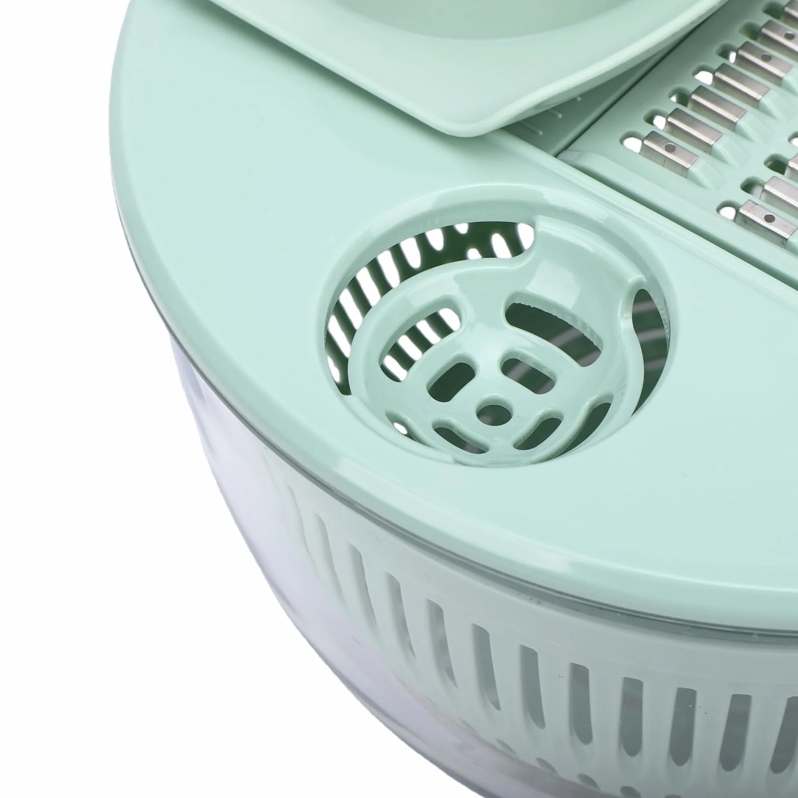 Cryfokt Ensalada Spinner, 5 Cuchillas Intercambiables de Acero Inoxidable Lechuga Spinner Lavadora de Frutas con Colador Rebanador Rallador para Lavar Secar Rebanar Escurrir Ensalada Frutas Verduras