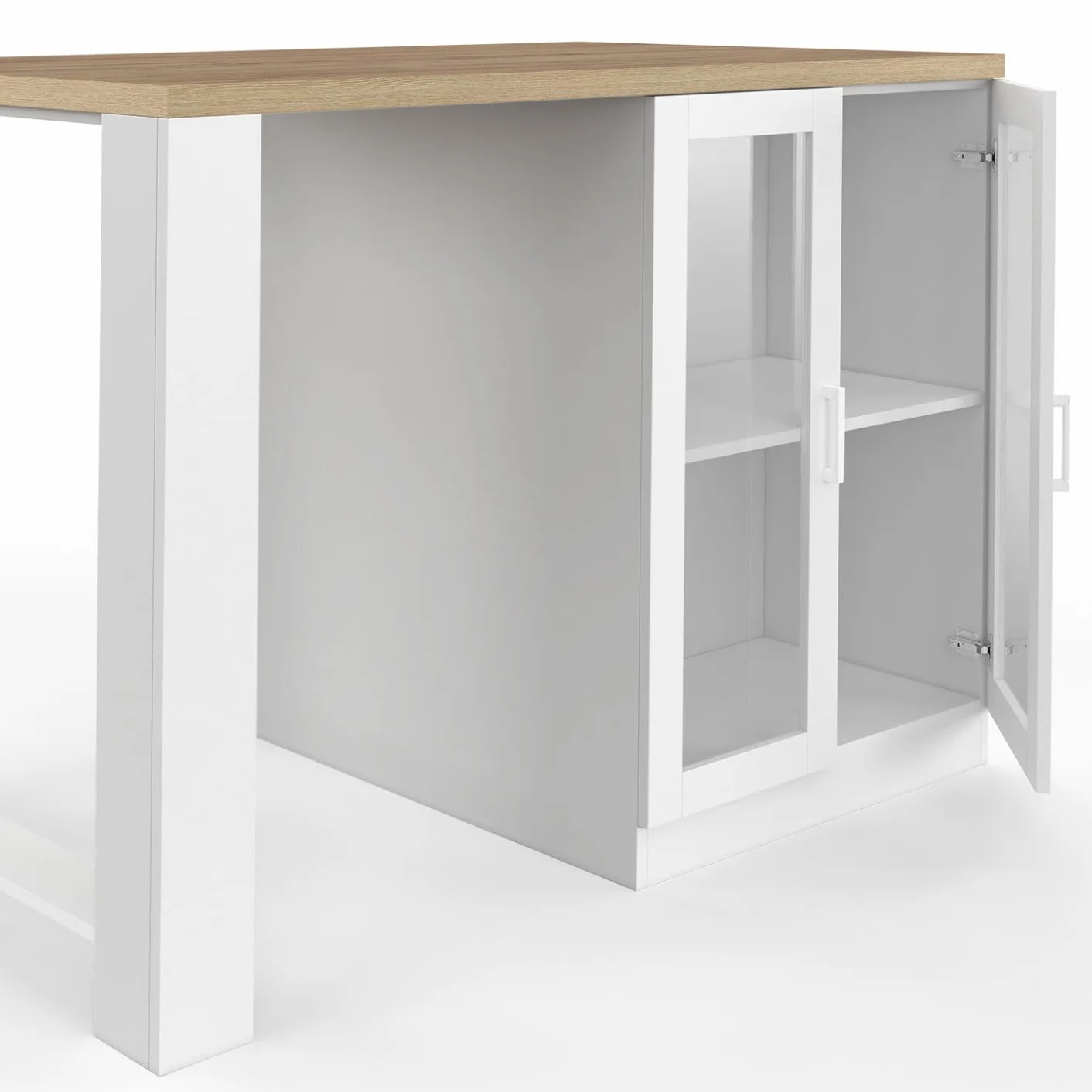 IDMarket – Ilot Central Lino 120 cm 2 personas madera blanca y encimera de madera y puertas acristaladas