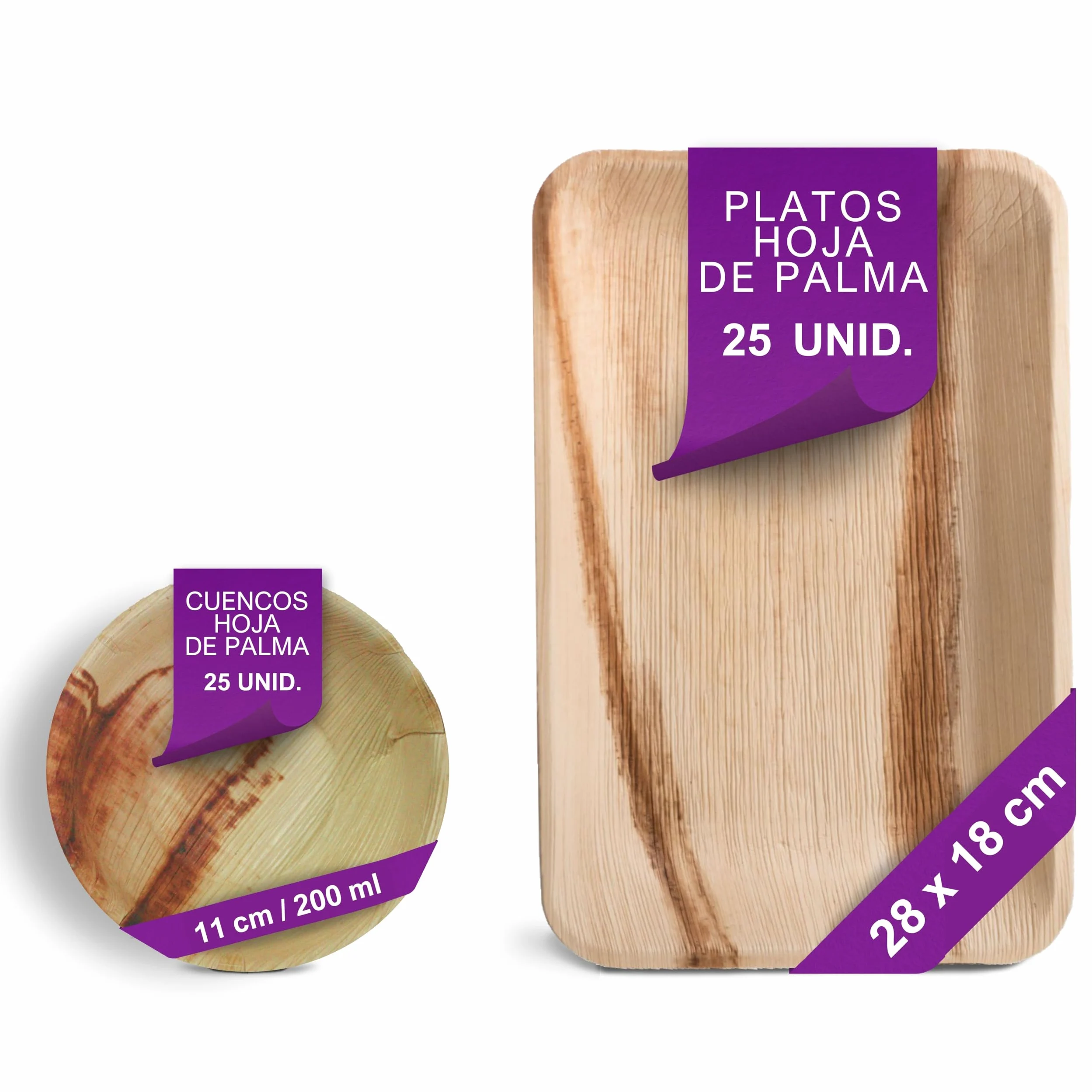 Vajilla Desechable de Hoja de Palma Orgánicos - 25 pz. Cunecos Ø 11 cm/ 200 ml y 25 Platos Rectangulares 28x18 cm