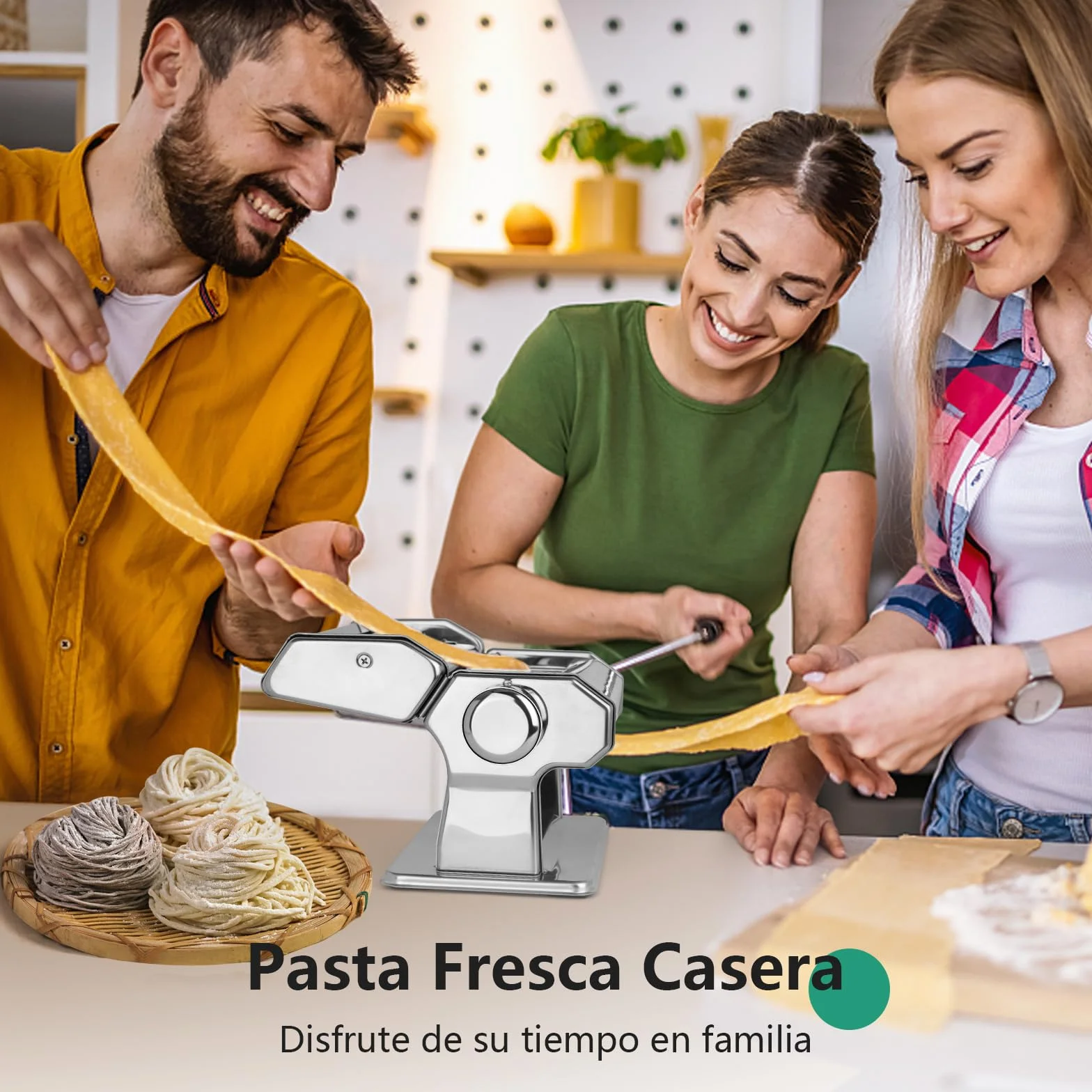 YASHE Máquina de Pasta, Manual Pasta Maker, 7 Grosor Ajustable, 2 Cortador de Masa de Ancho, Acero Inoxidable, Fideos Caseros Bola de Masa Espaguetis