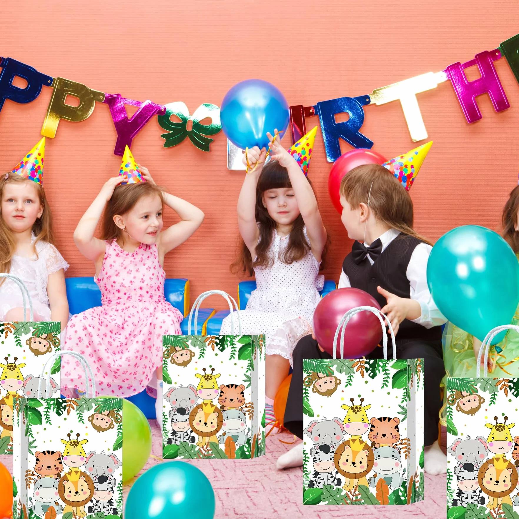 10 bolsas para fiestas Jungle Safari, bolsas de regalo Jungle Safari, bolsas de papel con asas, bolsas de regalo de cumpleaños con animales, bolsas de regalo de papel con animales