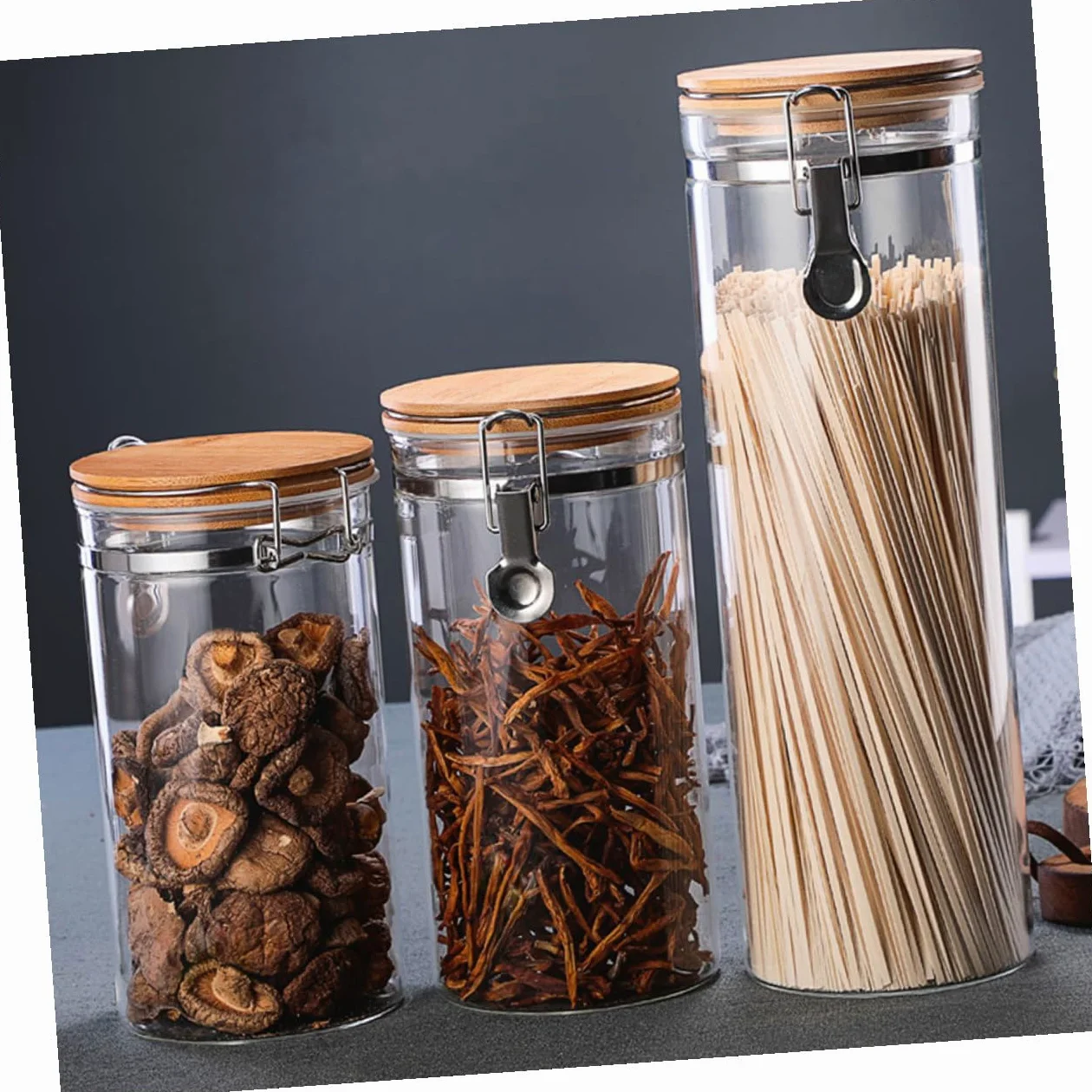 POPETPOP Tarros Herméticos para Almacenamiento de Harina y Alimentos de Vidrio y Acero Inoxidable Tapa de Madera Set de 2 Diseño Claro y Estructura Estable en Cocina