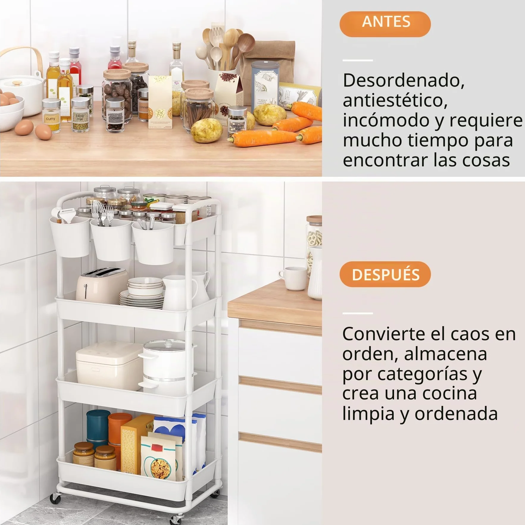 JIUYOTREE Carrito de Almacenamiento de plástico de 4 Niveles con Asas para Colgar adicionales, Ruedas bloqueables para Sala de Estar, baño, Cocina, Oficina, Color Blanco
