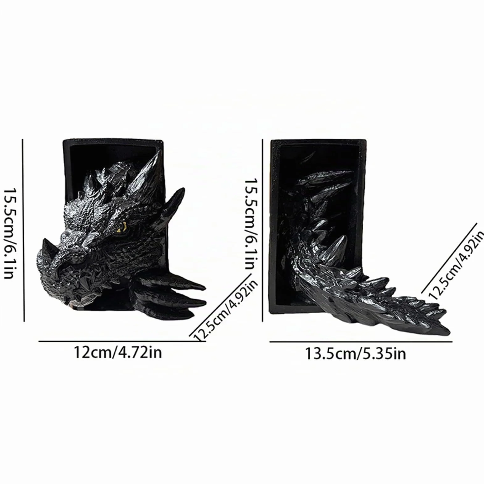 Sujetalibros de dragón, escultura de dragón de resina, soporte para libros, estatua de animales, sujetalibros decorativo para decoración de estantería en el hogar y la oficina (negro)