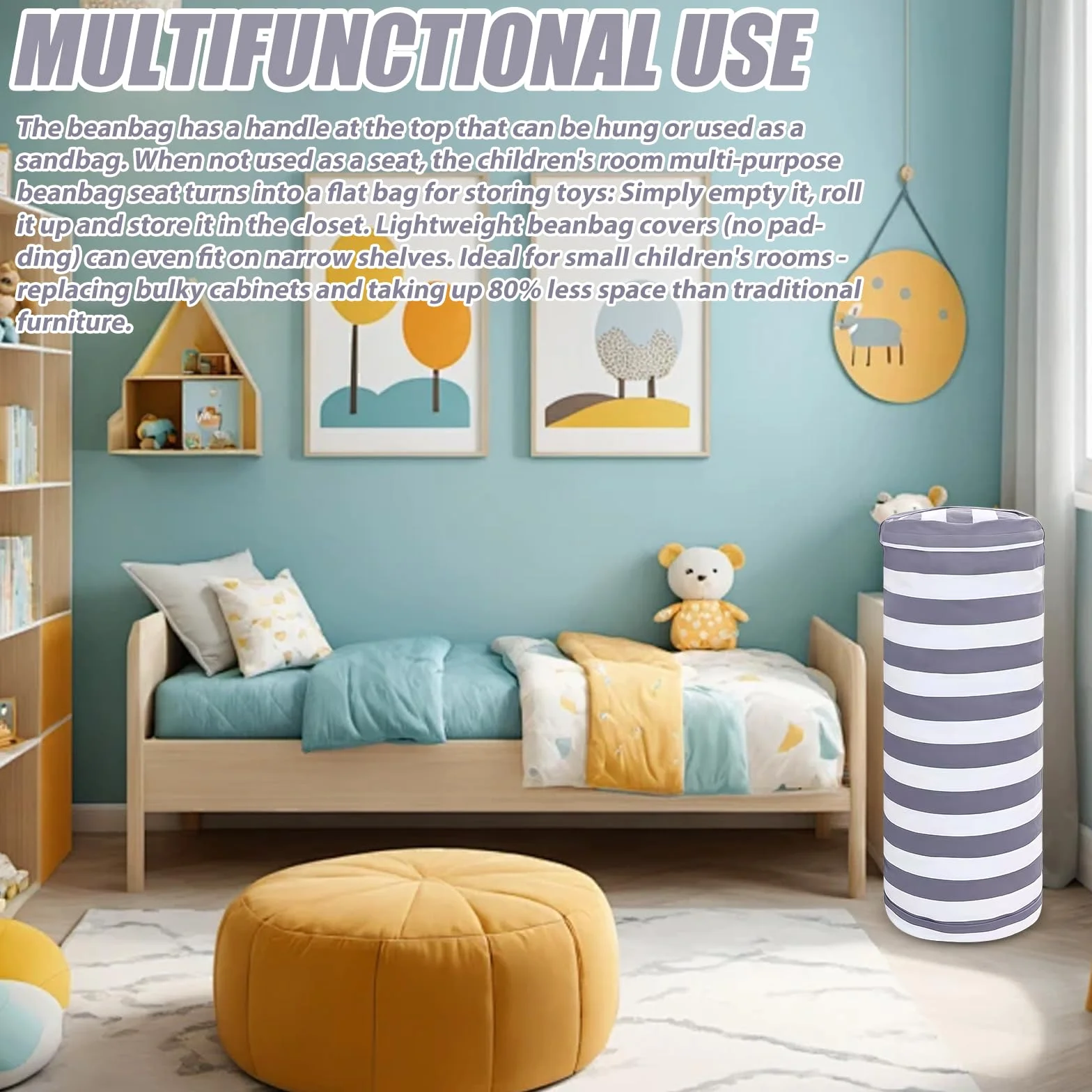 Puf multifuncional para habitación infantil: funda para puf, bolsa de almacenamiento de juguetes, puf sin relleno, puf para habitación infantil para leer y guardar juguetes (13,8 x 39,4 cm)