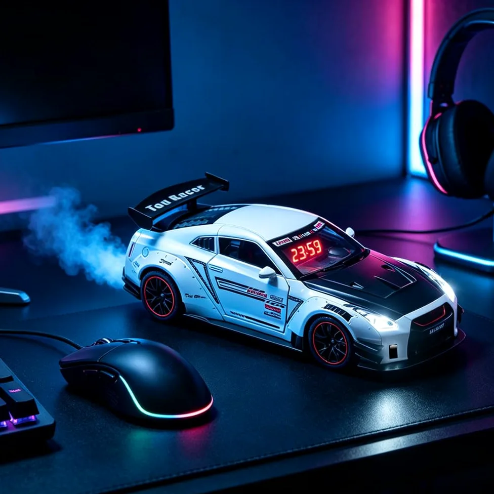 Reloj Despertador LED de Coche Recargable, Reloj de Mesa Modelo superdeportivo con Mando a Distancia, Sonido de Motor simulado y Efectos de luz y Vapor de Escape con Agua (Black)
