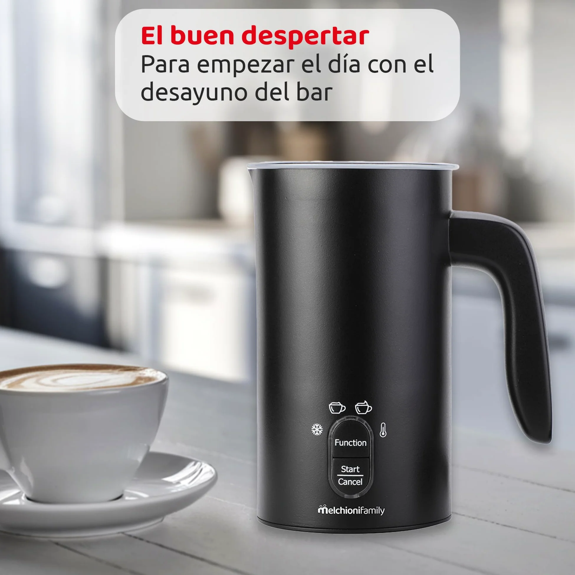 Melchioni Family Milky - Espumador de leche eléctrico, capacidad 300 ml, 4 en 1, apagado automático, espuma fría y caliente, chocolate caliente, capuchino como bar