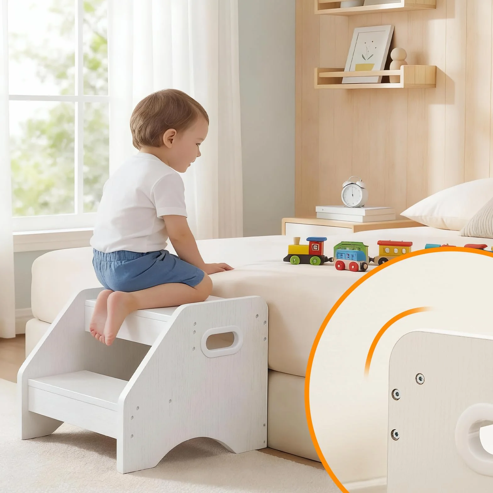 HOOBRO Taburete para Niños de 2 Peldaños en Forma de Trapecio, Asas y Alfombrillas Antideslizantes, Taburete Infantil, Carga 30 kg, para Niños de 3 a 8 años, para Salón, Dormitorio, Blanco EWT28JD01