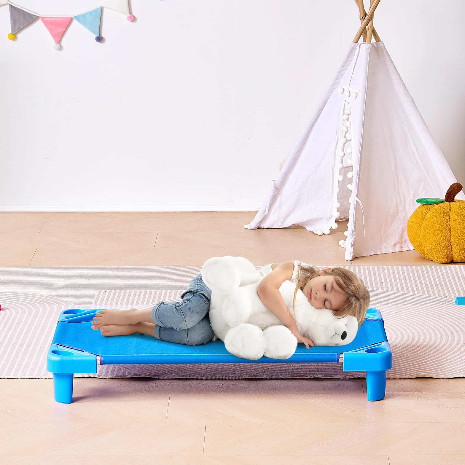 VEVOR Cuna Apilable para Niños 6 Piezas Cuna Portátil para Siesta de Niños 102x57 cm Cunas para Guardería para Niños Camas para Guardería en Aulas Preescolares para Dormir, Descansar, Siestas, Azul