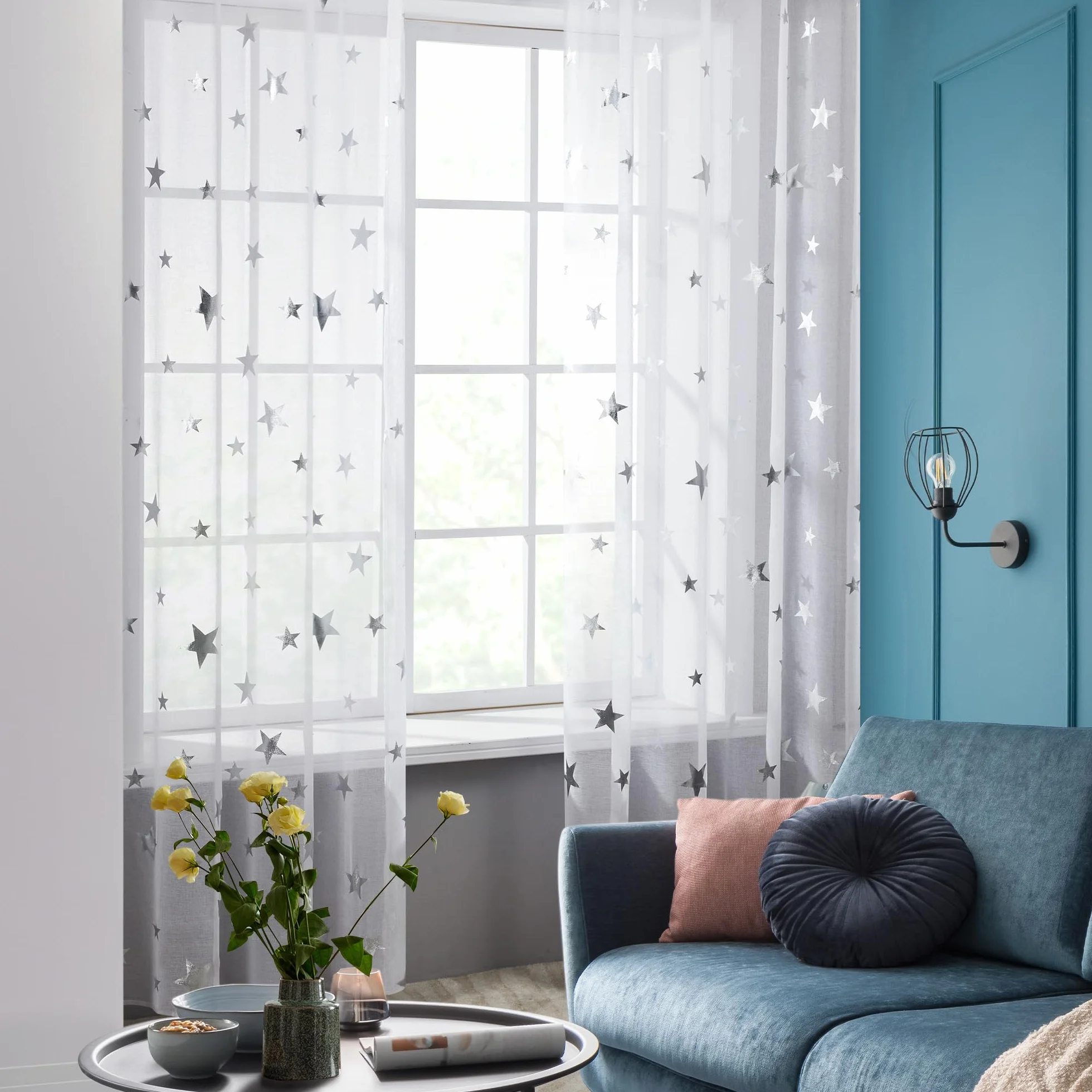 Deconovo Cortinas Dormitorio Blancas con Motivos Plateados Translucidas 2 Piezas 140x145cm Blanco-Estrella
