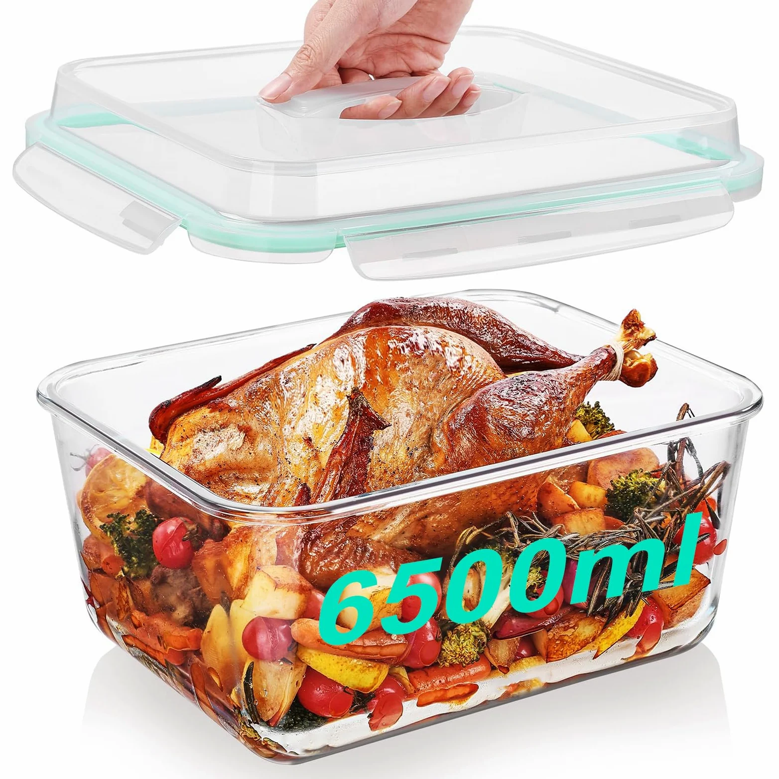 6,5 L Grandes Recipientes de Cristal con Tapa, Herméticos, Aptos para Congelador, Recipientes de Cristal para Alimentos, Grande para Pollo, Pavo, Melón o Platos de Fiesta