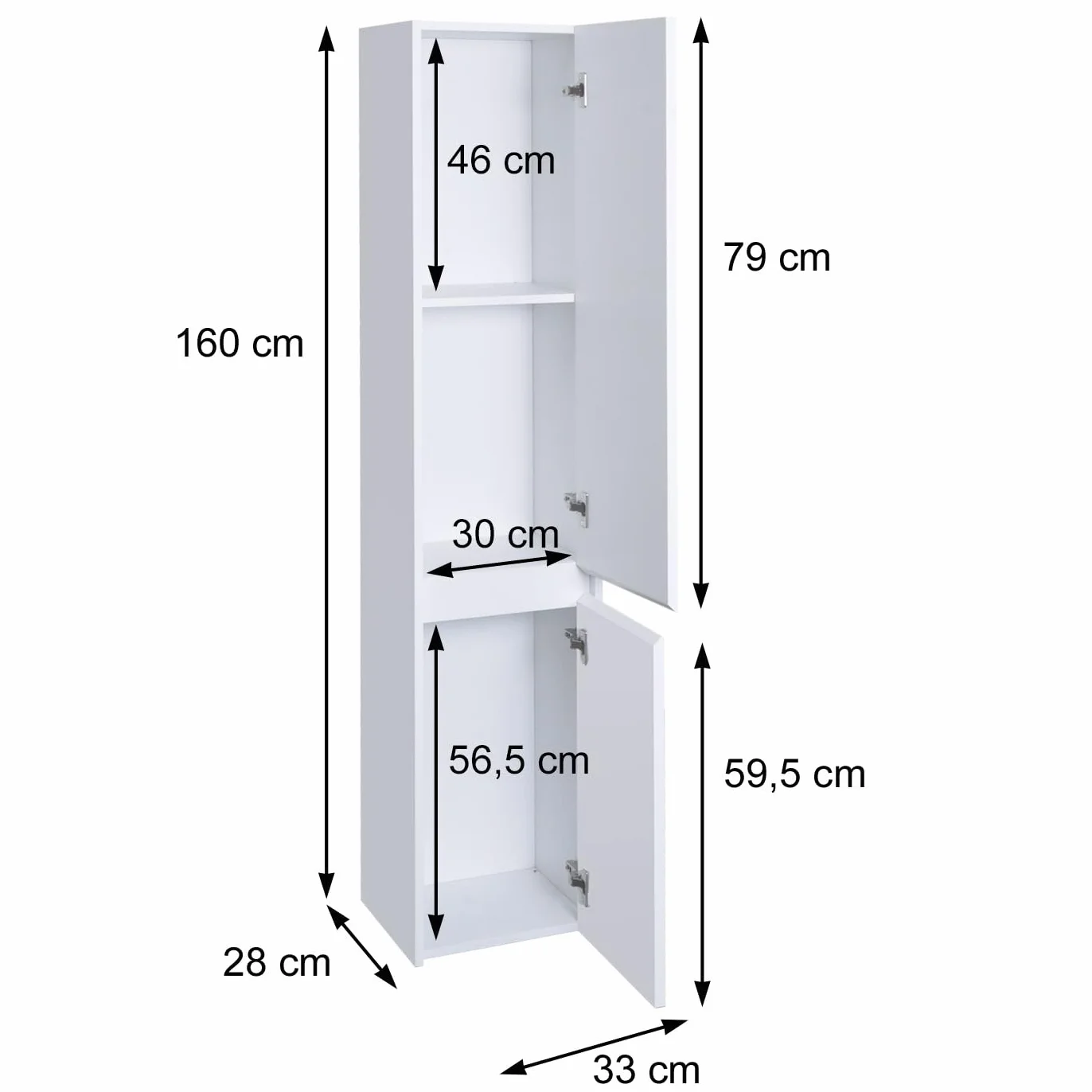 HWC-L86AM - Armario de baño (melamina, 2 puertas, 3 compartimentos, 160 x 33 cm), color blanco