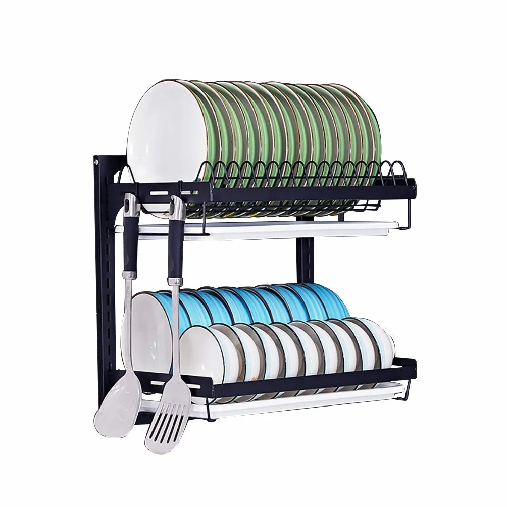 Estanteria Cocina, Escurridor de Platos Colgante para Montaje en Pared, Organizador de Platos, Cuencos y Especias de 2 Niveles, Soporte de Estante de Almacenamiento con Bandeja de Drenaje, 3 Ganchos,
