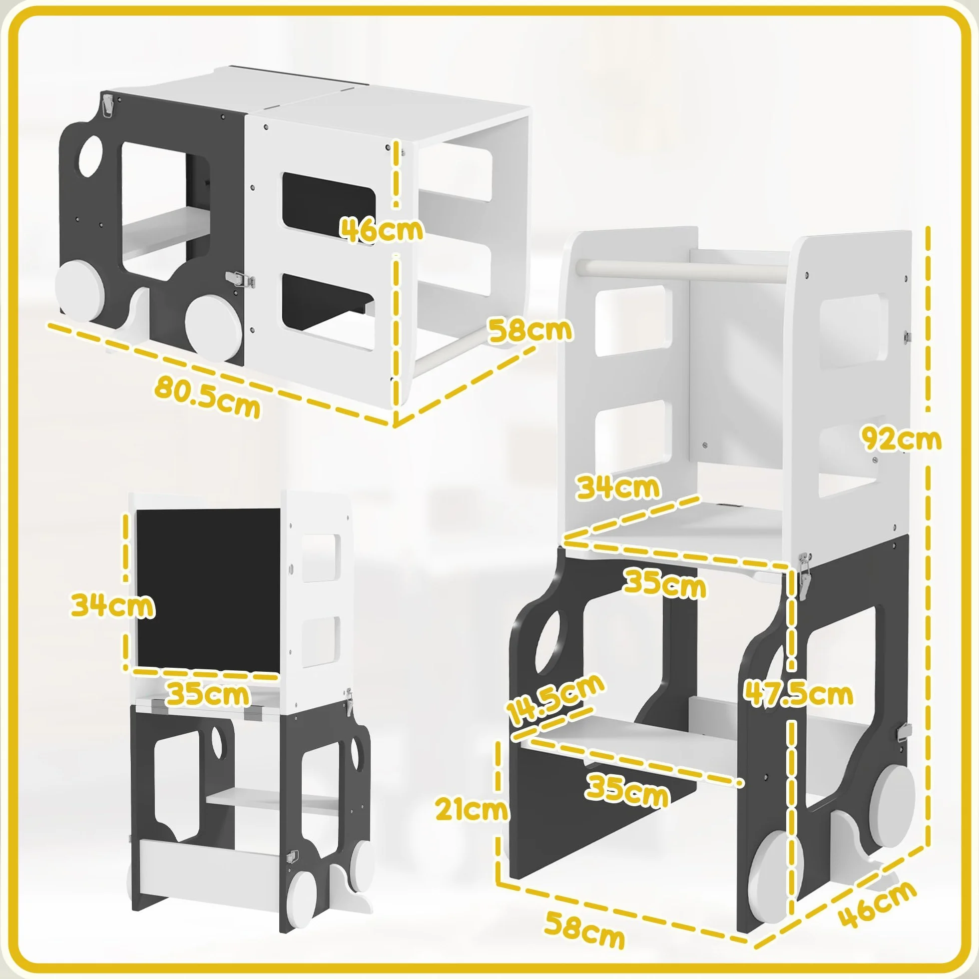 AIYAPLAY Torre de Aprendizaje Montessori 4 en 1 Taburete para Niños +3 Años 58x46x92 cm Blanco y Gris