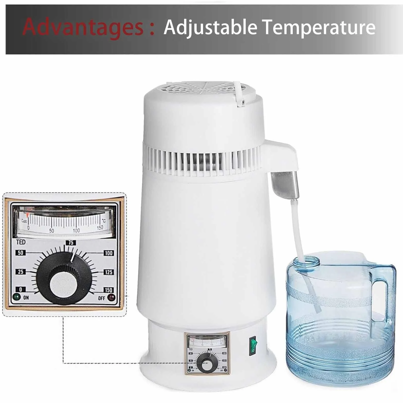 Destilador de agua de 750 W, 4 L, de acero inoxidable, con recipiente para uso doméstico, laboratorios y hospitales. Interior de acero inoxidable que destila agua pura