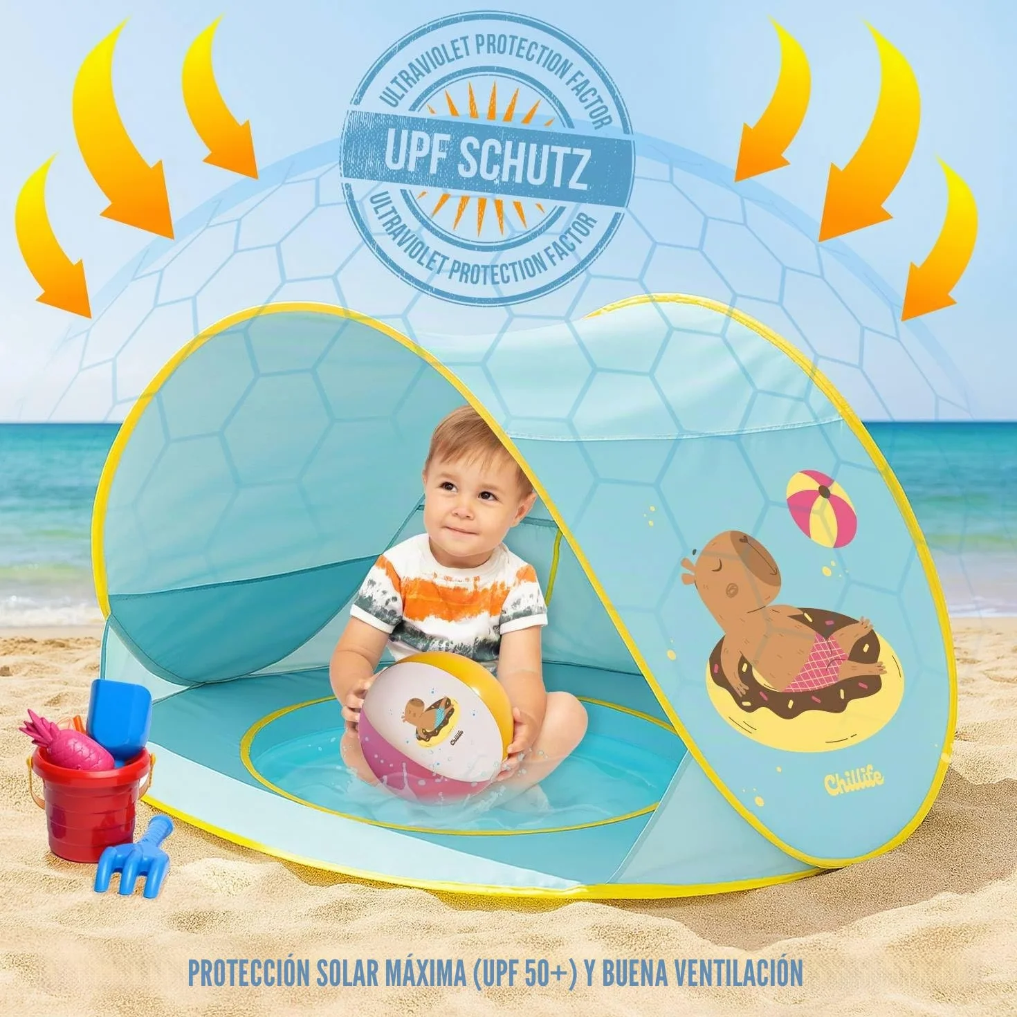 Chillife Tienda de Playa Pop Up para Bebés con Protección UV 50+ y Cortavientos, Diseño Globo Capybara
