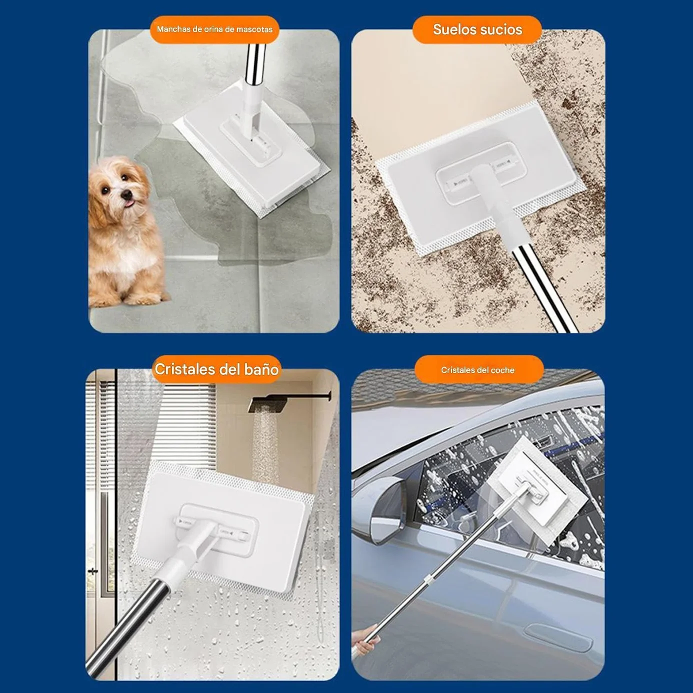 Genérico Mopa Incluye 4 Paños Reutilizables, 100×16×8,5cm Tipo Desmontable con Botón Pulsador Mopas, Fabricada En Resina De PP Y Varilla Telescópica De Acero Inoxidable, para El Hogar Y La Oficina