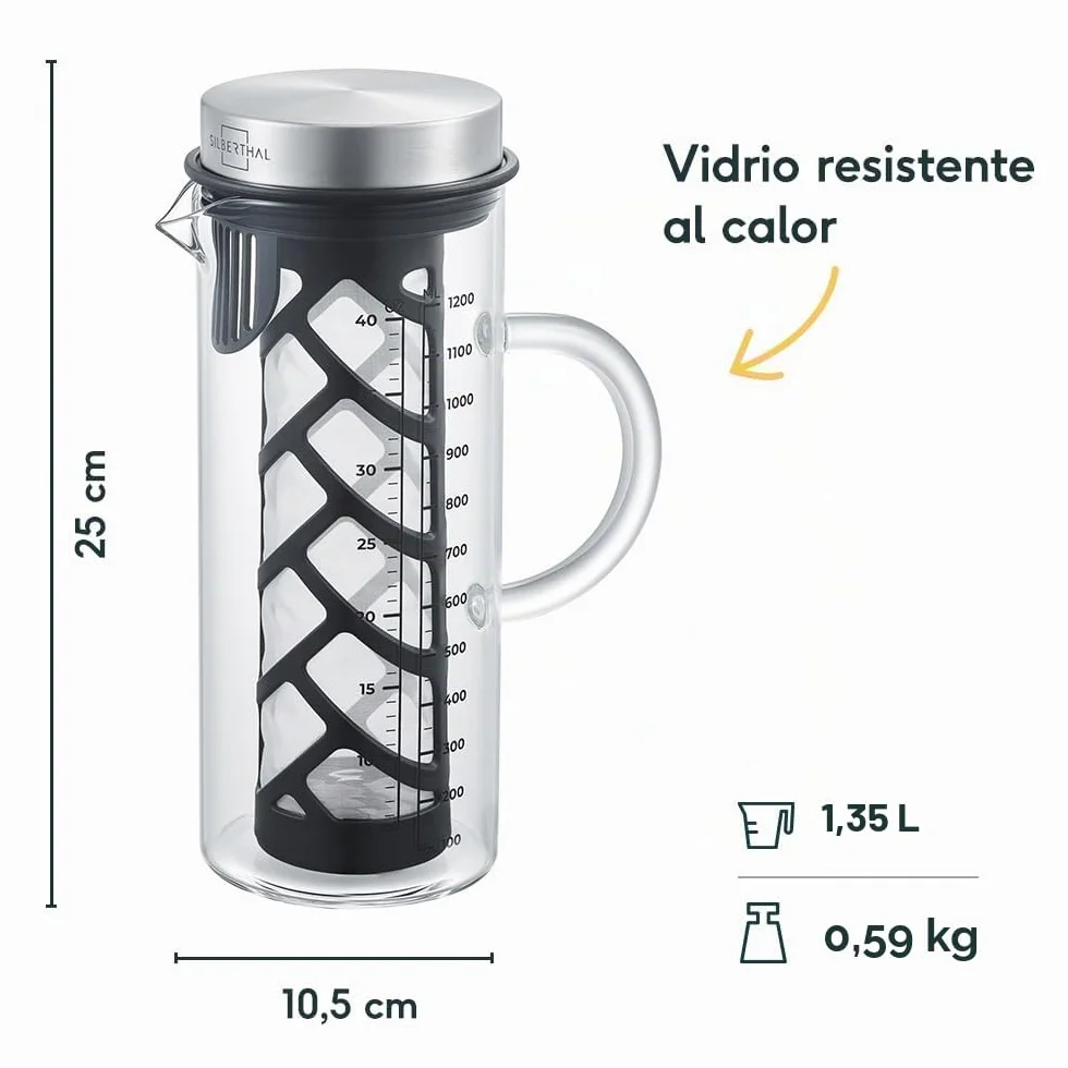 SILBERTHAL Jarra cristal 1,2L - Jarra Cold brew - Jarra de agua con tapa - Filtro extraíble