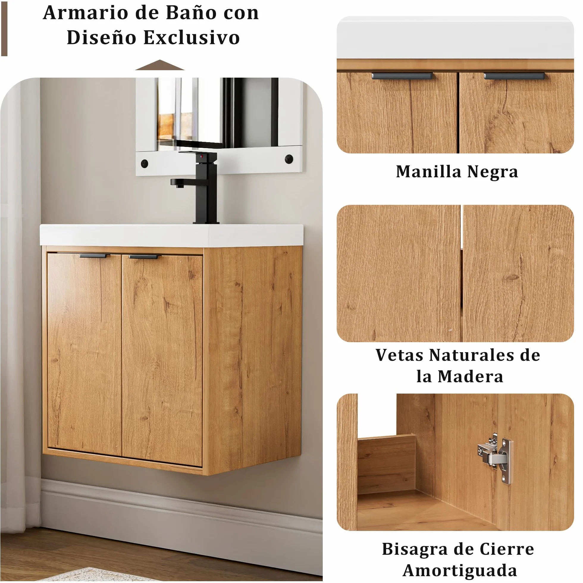 UEV Mueble de Baño con 2 Puertas y Lavabo de Resina, Mueble de Baño Suspendido con Diseño único y Práctico, Conjunto de Muebles con Motivo en Relieve, 49 x 37,5 x 50, Natural