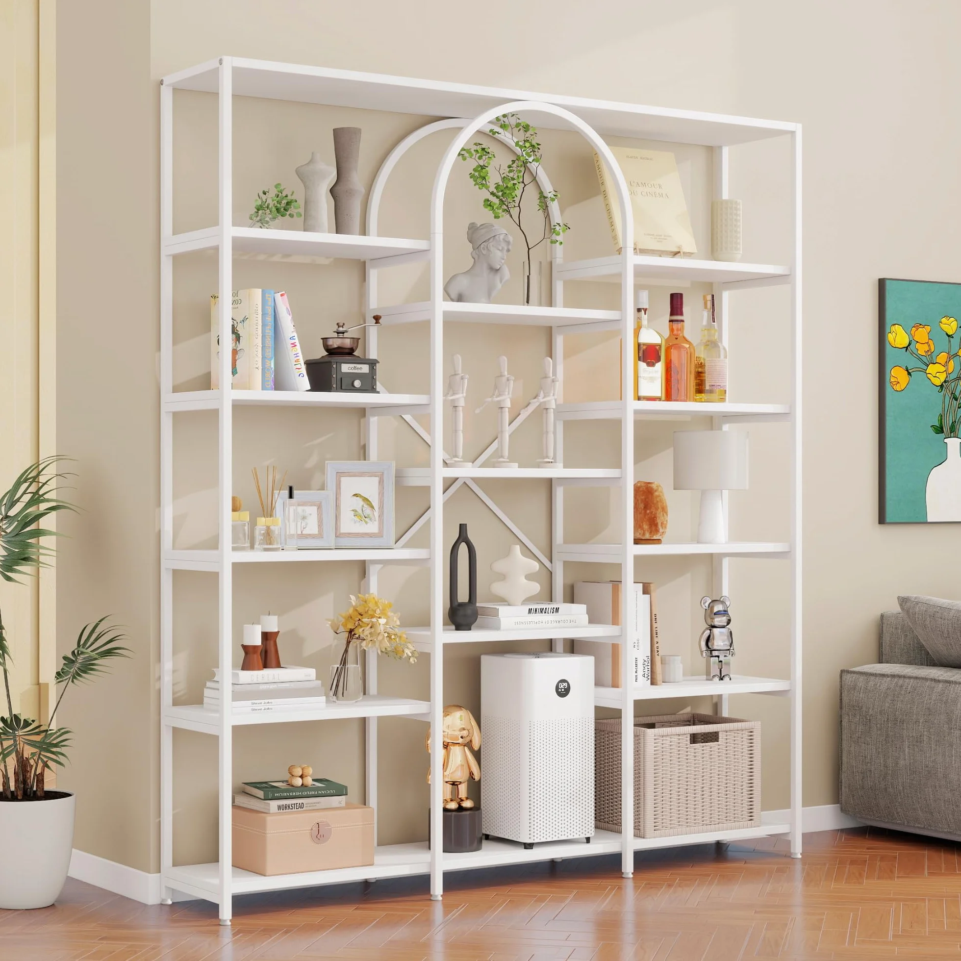 Estantería moderna de estilo minimalista, 160 x 30 x 180 cm, fabricada con tubos de acero robustos y tablero de fibra de densidad media, diseño rectangular + arco, color blanco