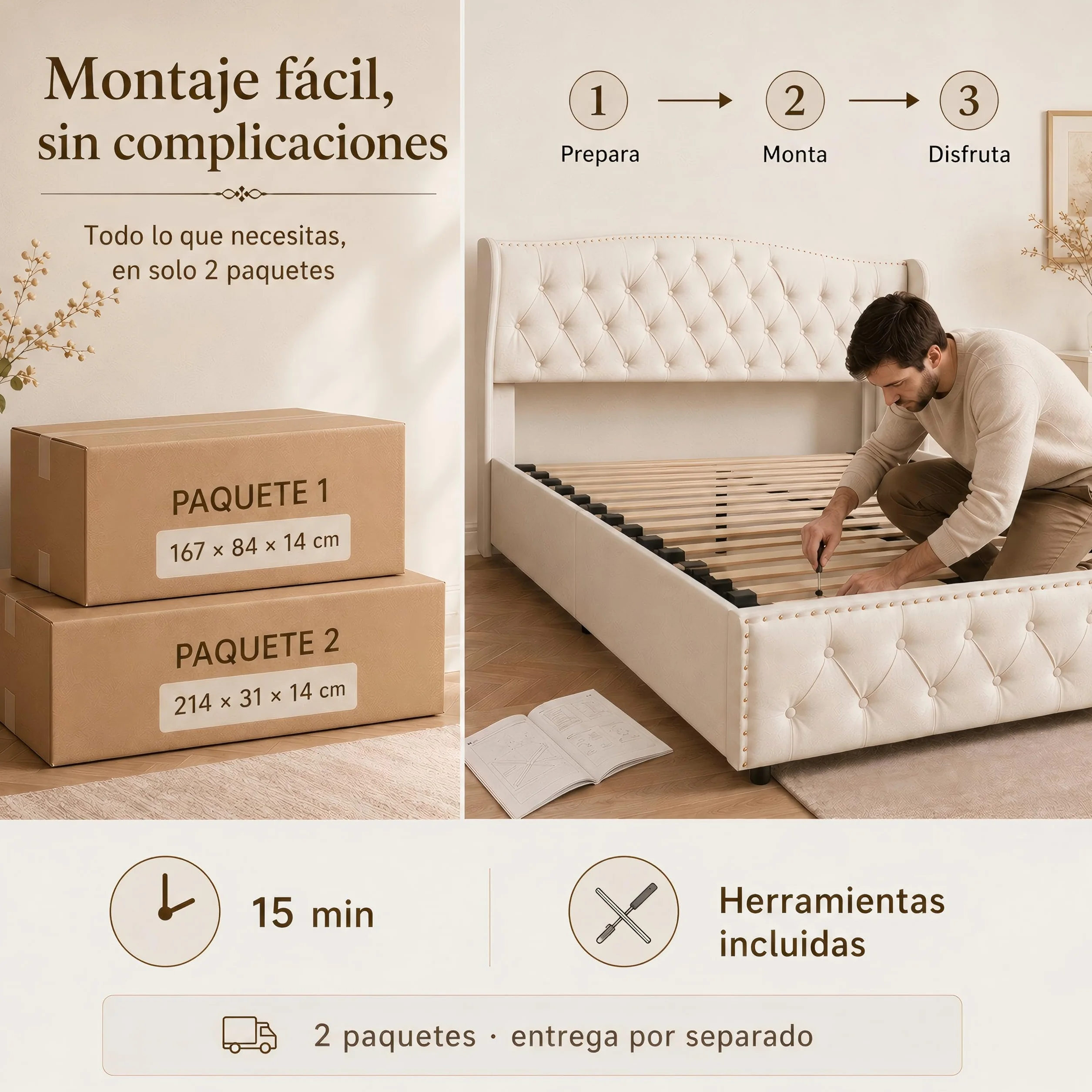 Cama Tapizada 140x200 cm con Canapé Abatible y Somier, Estructura de Cama Doble de Terciopelo con Espacio de Almacenaje, Cabecero Ondulado con Remaches, Soporta 250 kg, Blanco Crema (Sin Colchón)