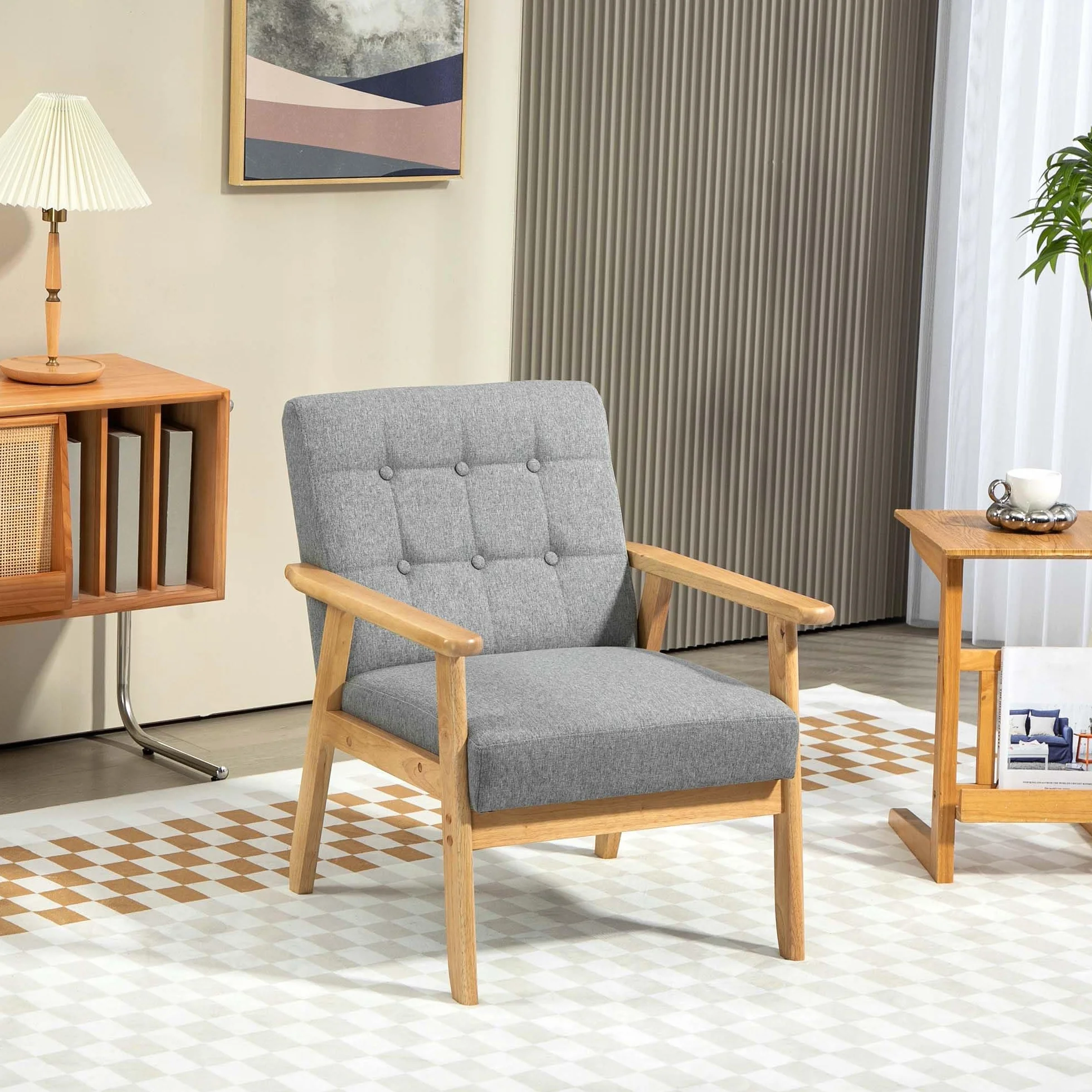 HOMCOM Sillón Individual Sofá Individual Tapizado en Lino con Reposabrazos de Madera Respaldo Acolchado Carga 130 kg Sillón para Salón Dormitorio Gris Claro