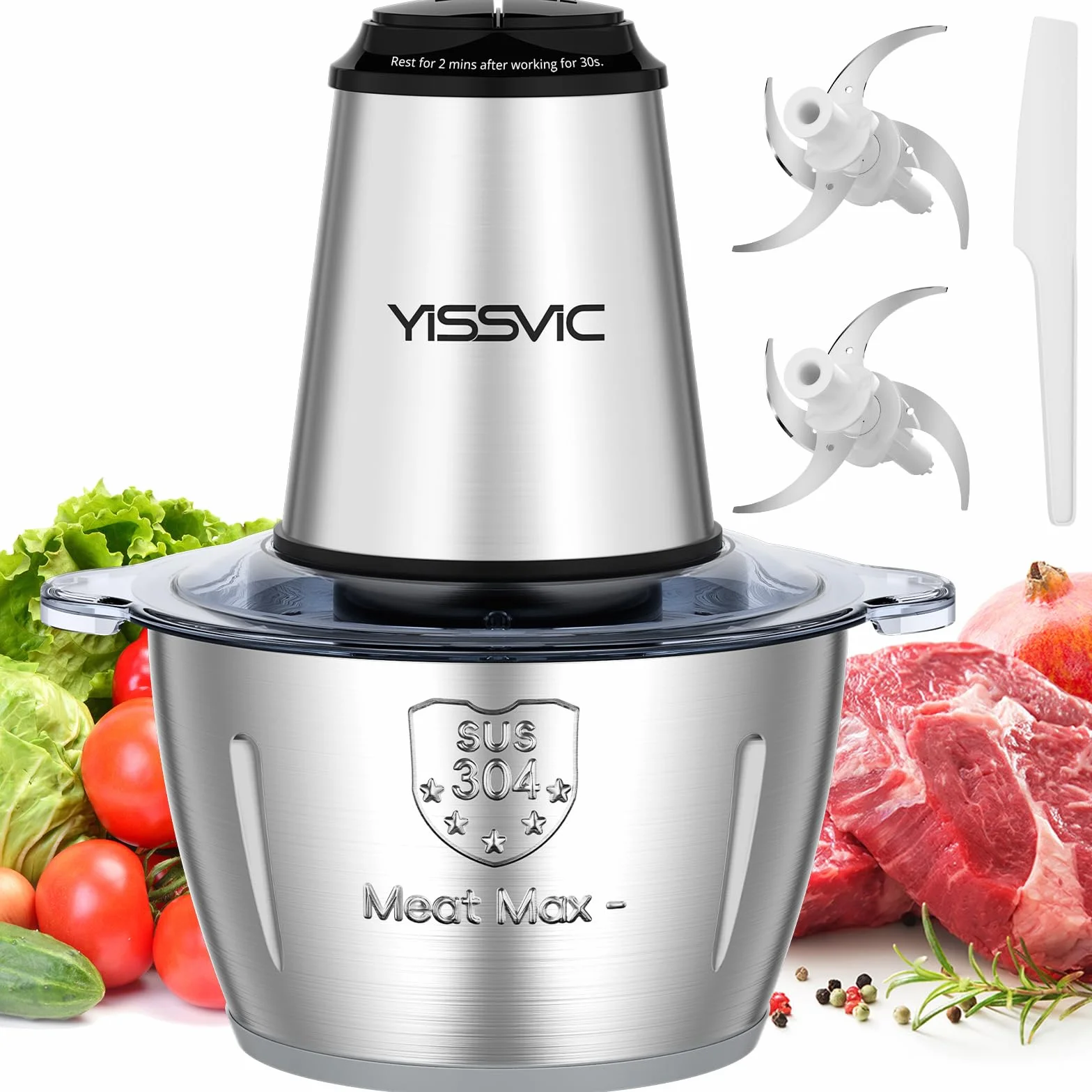 YISSVIC Picadora Eléctrica Picadoras de Carne 500W y Capacidad 2L Verduras y Frutas Minipicadoras de Alimentos con 2 Cabezales y 8 Cuchillas