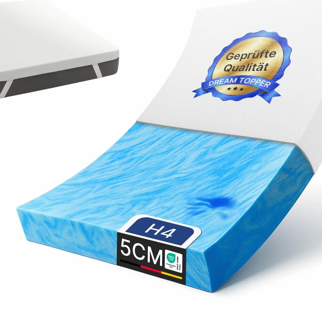 MKS Topper 160x200, 5cm Topper de Espuma de Gel viscoelástico con Espuma de Gel, cubrecolchón H3/H4 para un Alivio óptimo de la presión, un Clima Agradable para Dormir y un Confort reparador.