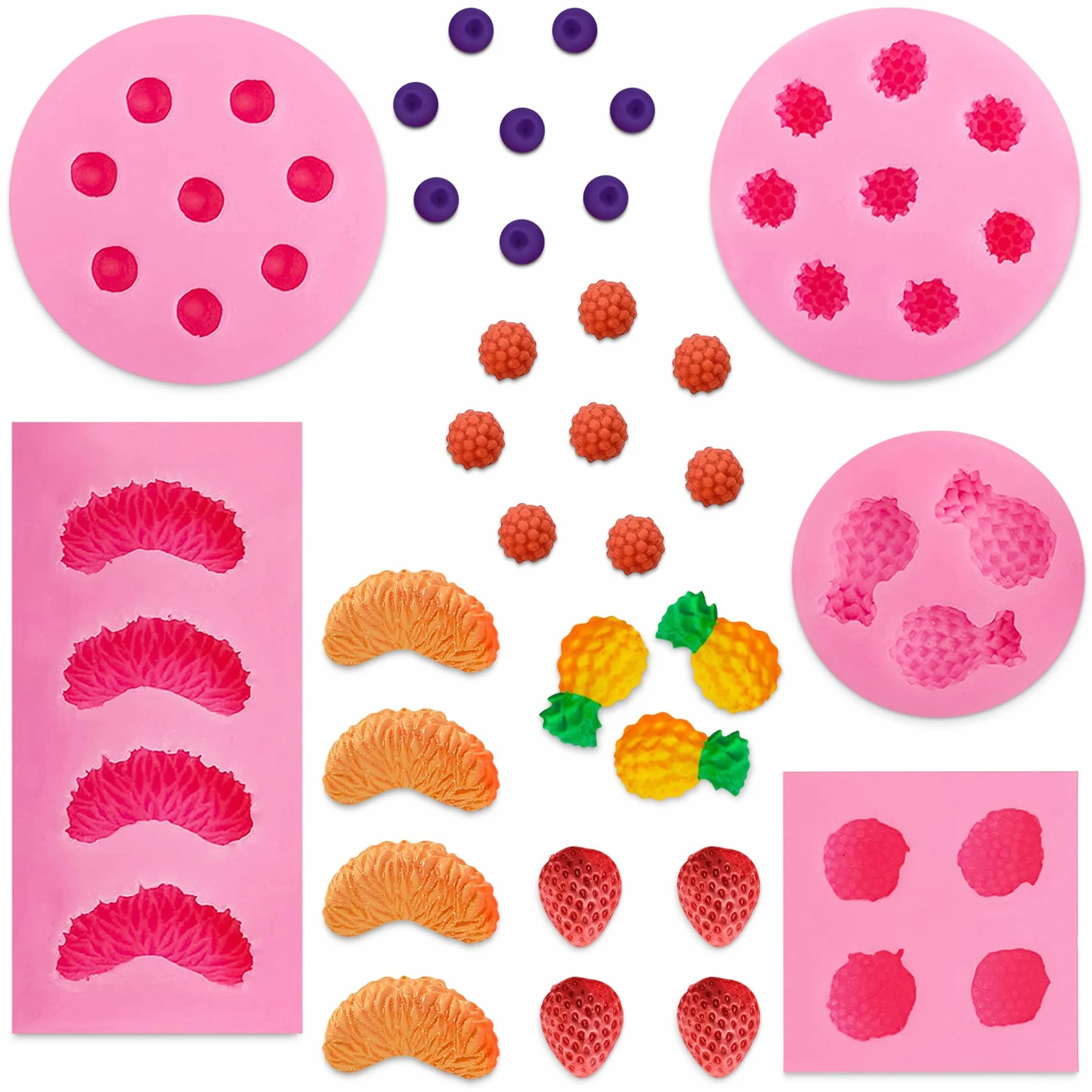 5 moldes de silicona para aperitivos de frutas, moldes de silicona en forma de fruta, moldes de frutas para rebanadas de piña, molde de silicona 3D de fresa para naranja y arándano, molde de silicona
