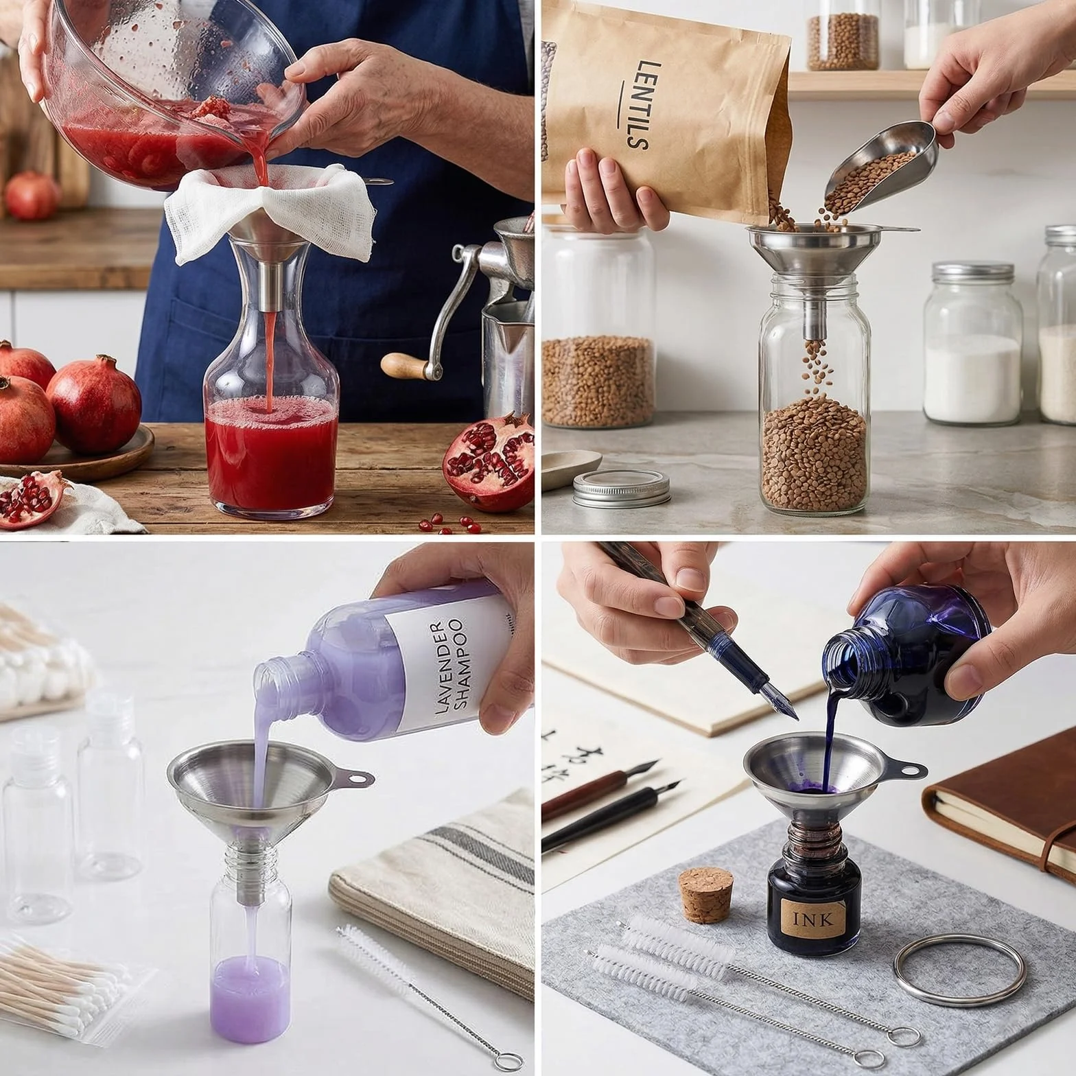3 Embudos de Acero Inoxidable, Mini Embudos de Cocina con 2 Cepillos de Limpieza, Embudos Pequeños de Cocina con Asa, Embudos de Acero Inoxidable para Líquidos y Polvos