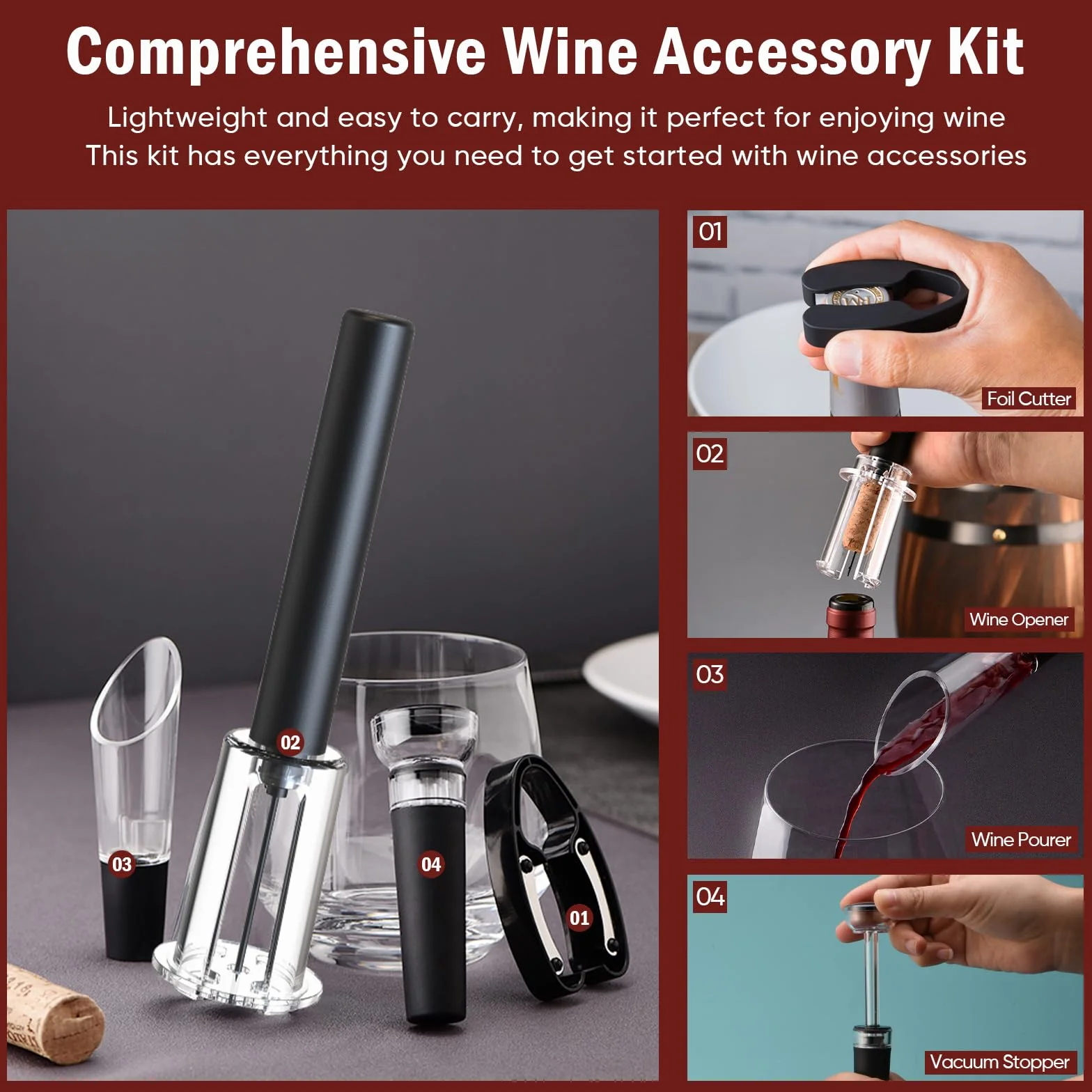 Juego de Sacacorchos de Aire a Presión, Incluye Abrebotellas, Corta Cápsulas, 2 Diferentes Tapones de Botella y Vertedor, Abridor de Vino Profesional, Amantes del Vino Regalo Set