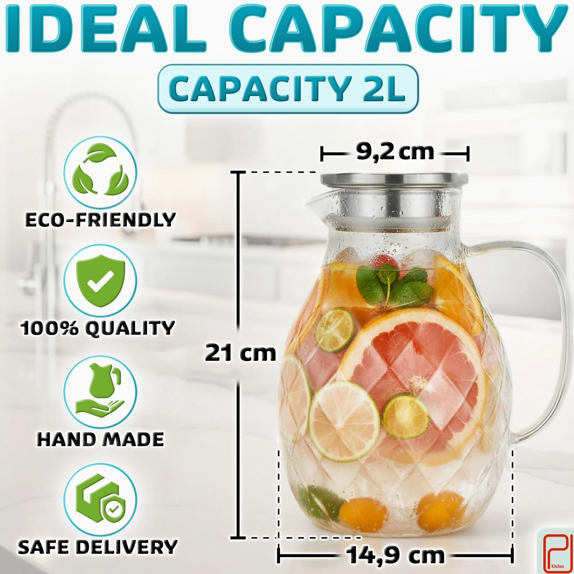 Premium Jarra de Vidrio Borosilicato + Tapa + Boquilla - 2 Litros, Pack de 2 - Jarra de Agua de Borosilicato con Asa - Jarra para Bebidas Calientes/Frías - Jarra para Té Helado