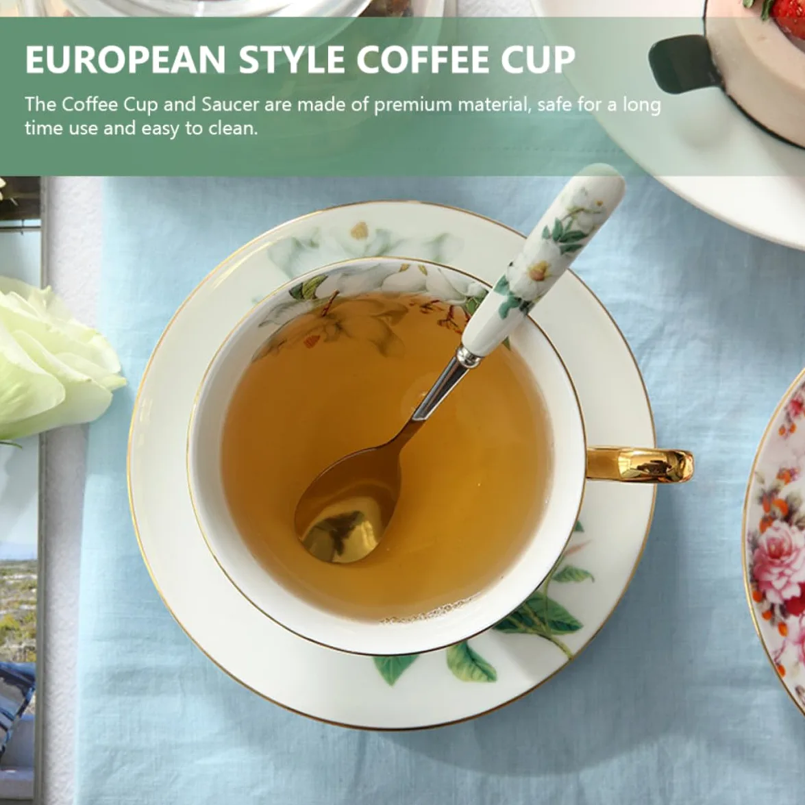 BESTOYARD Juego de Taza de Café de Cerámica Platillo y Cuchara, Diseño Europeo Borde Dorado, Fácil de Limpiar y Uso Prolongado para Té y Café