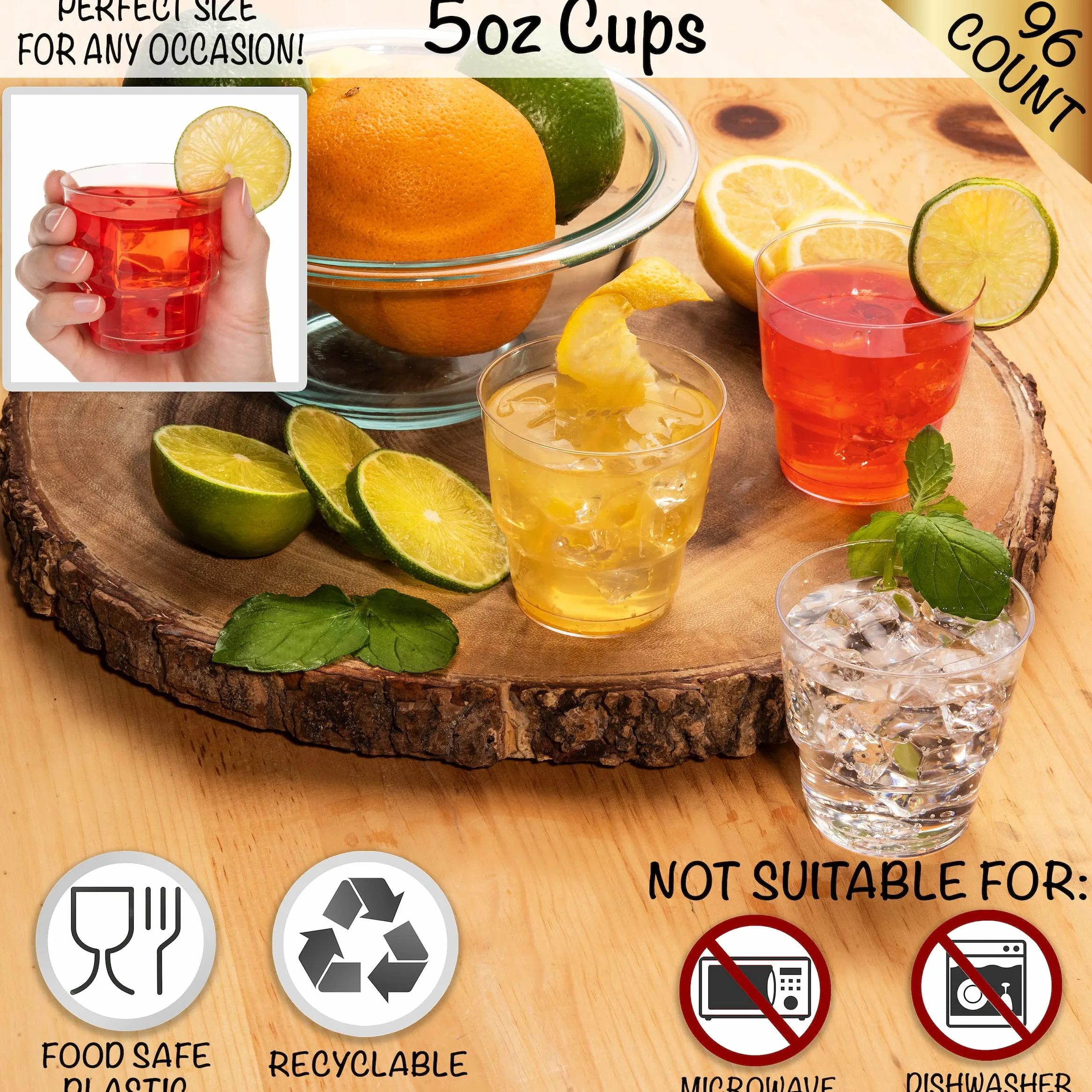Vasos pequeños de fiesta de 5 onzas, paquete de 96 unidades, plástico duro transparente, resistente, grado alimenticio, mini tazas para cócteles y bebidas de fiesta, reutilizables, 96