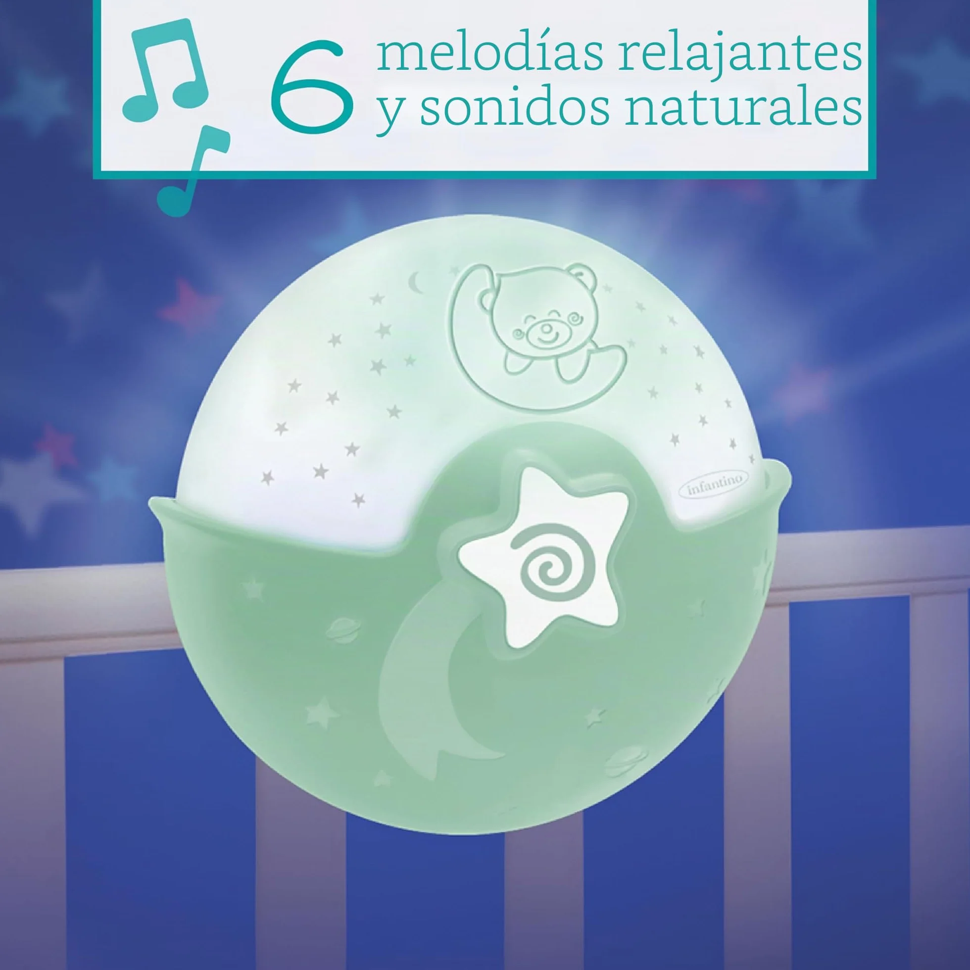 Infantino Luz Calmante y Proyector Nocturna con Clip para Cuna Grow-with-Me, Proyector de Estrellas y Luz de Mesa con Melodías y Sensores de Sonido, Salvia
