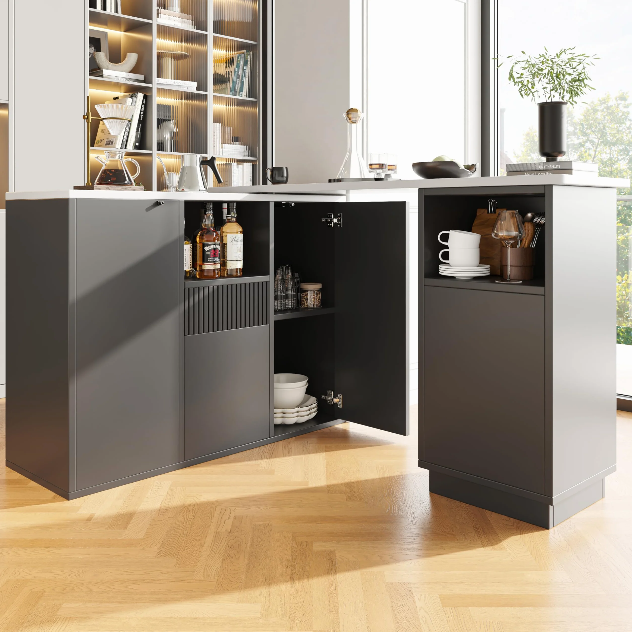 Giratorio de 360° comestible (90-198,5 x 30 x 75 cm), diseño moderno y sencillo, con espacio de almacenamiento abierto, isla de almacenamiento multifuncional, adecuada para cocina, salón y comedor