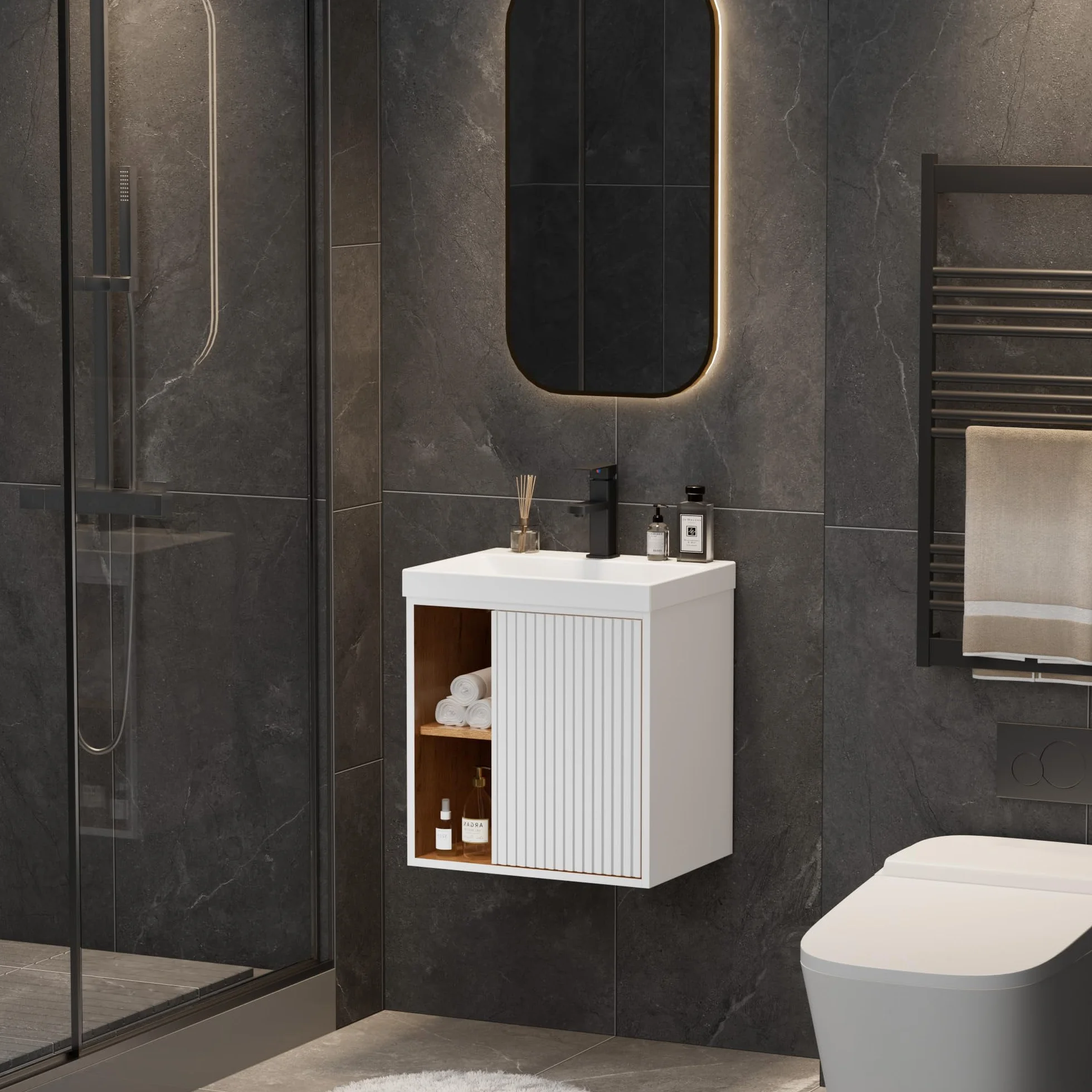 UEV Mueble de Baño con Lavabo de Resina y Grifo en el Centro, Mueble de Baño Suspendido con Diseño único y Práctico, Motivo de Rayas Verticales, 49 x 37 x 50 cm, Blanco
