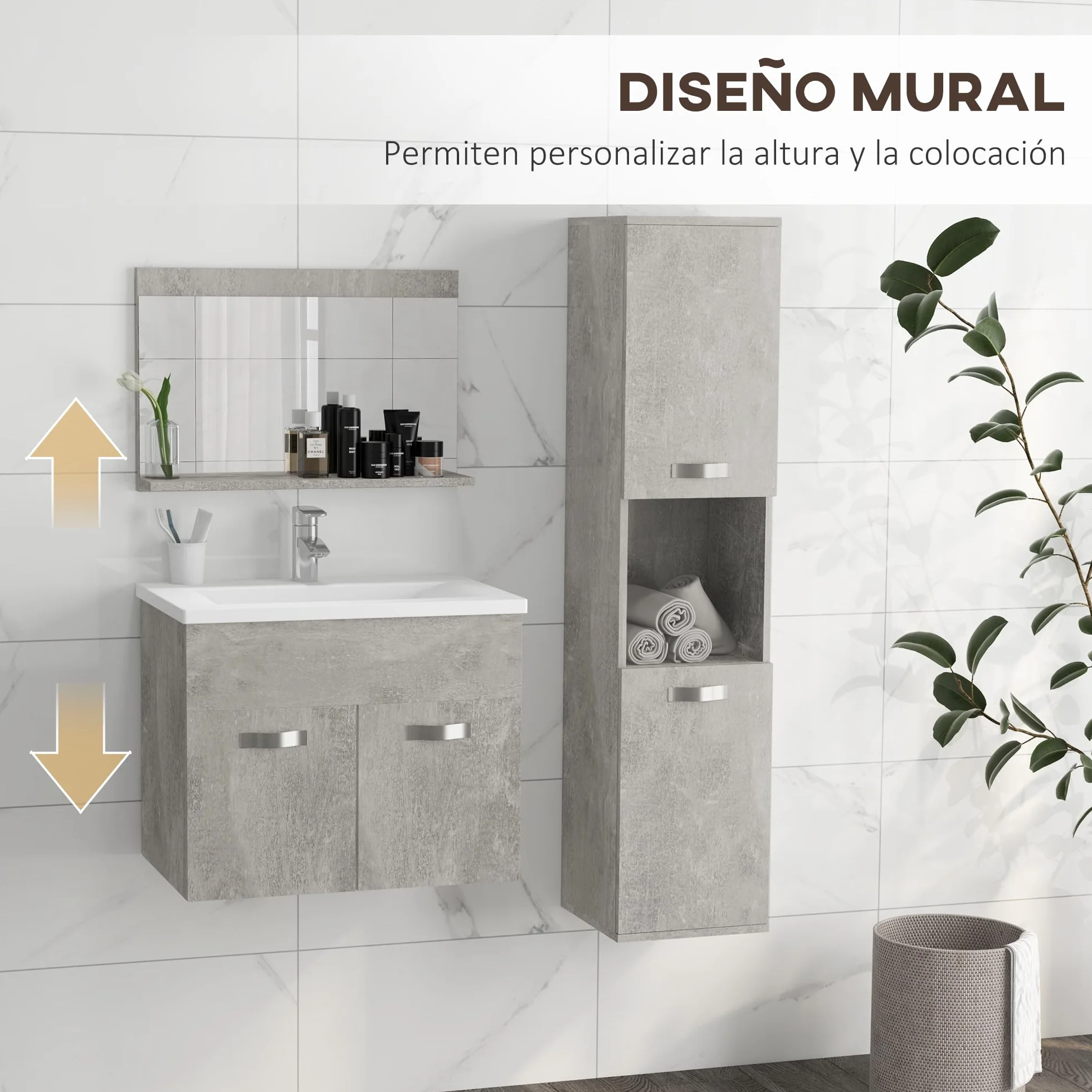 kleankin Conjunto de Muebles de Baño de Pared de 3 Piezas, Incluye Espejo, Mueble de Baño con Lavabo Cerámico, Armario Alto con Estantes Ajustables, Estilo Moderno, Gris