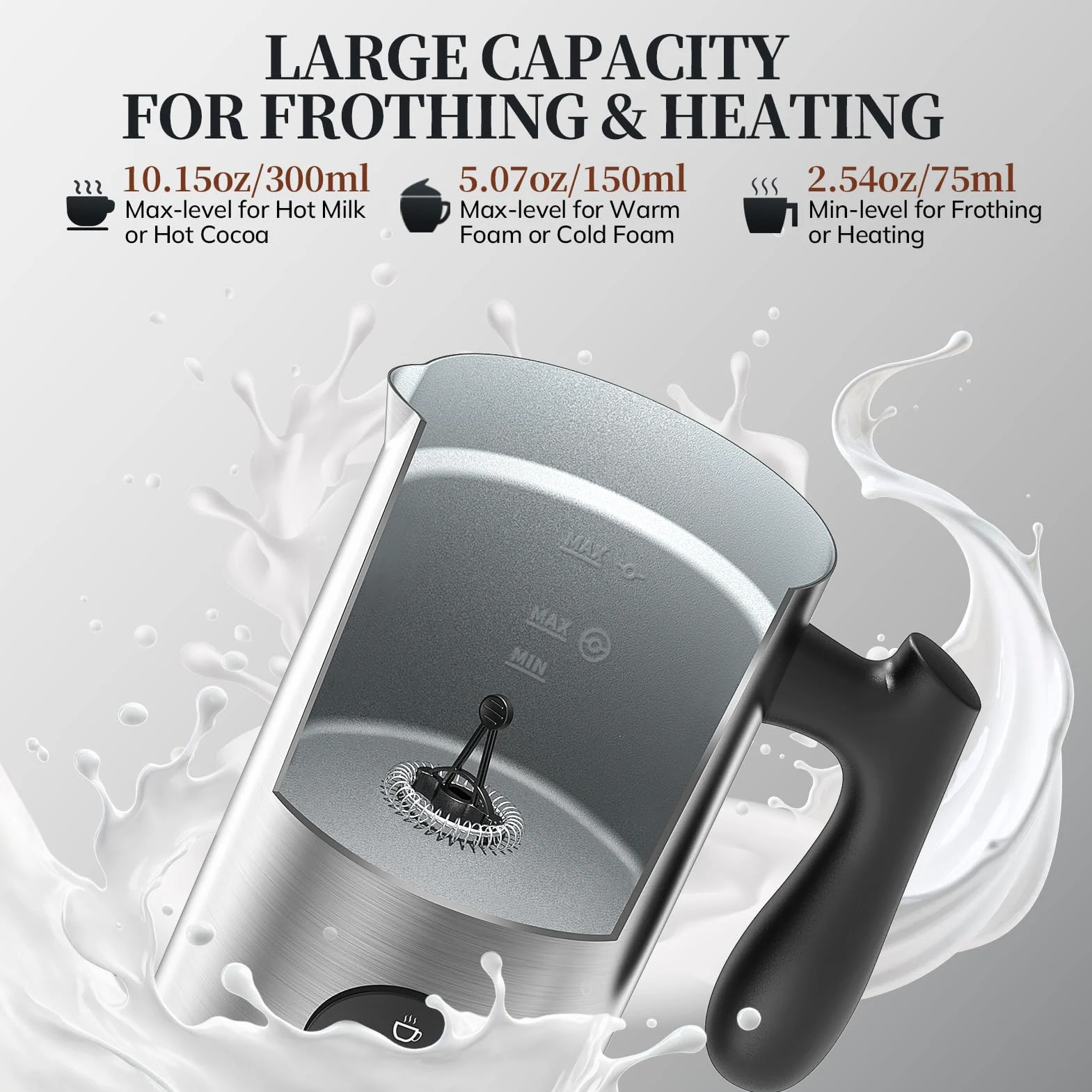 Morpilot Espumador de Leche Eléctrico 4 en 1, para Capuchino y Chocolate Caliente, 300 ml, para Espuma de Leche Caliente y Fría, y Chocolate, Antiadherente, Acero Inoxidable