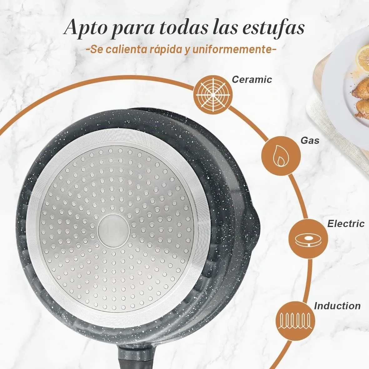Sartén 28 cm de Antiadherente, aluminio fundido con antiadherente con asa extraíble, sartén adecuada Con tapa, Apta para Todo Tipo de Cocina. | Sartén de 7,5 cm de altura interior con mango extraíble, apta para todo tipo de fuegos
