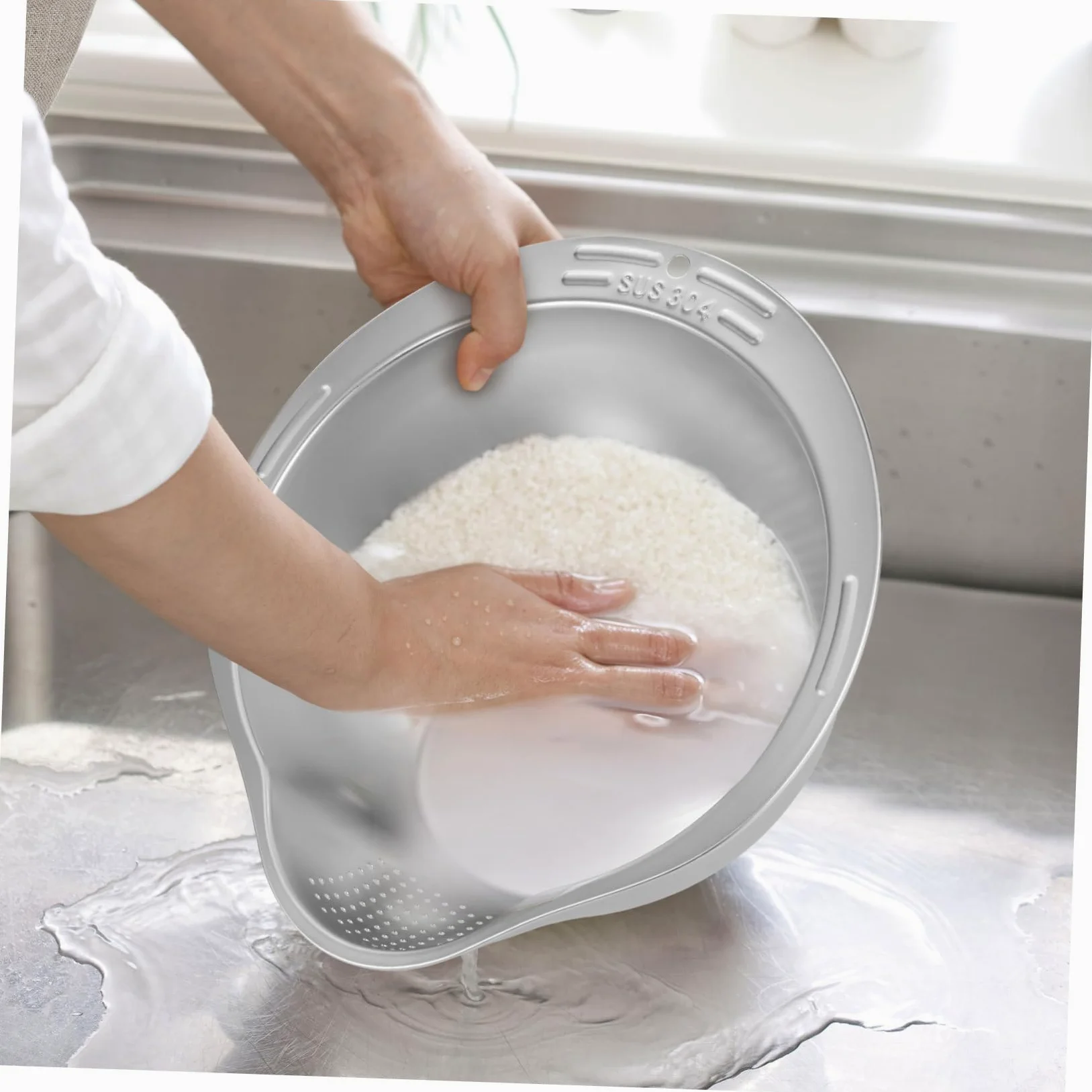 Hemobllo Lavadero de Arroz Colador Multifuncional de Acero Inoxidable para Lavar Arroz Verduras Frutas Enjuague Drenaje Fregadero