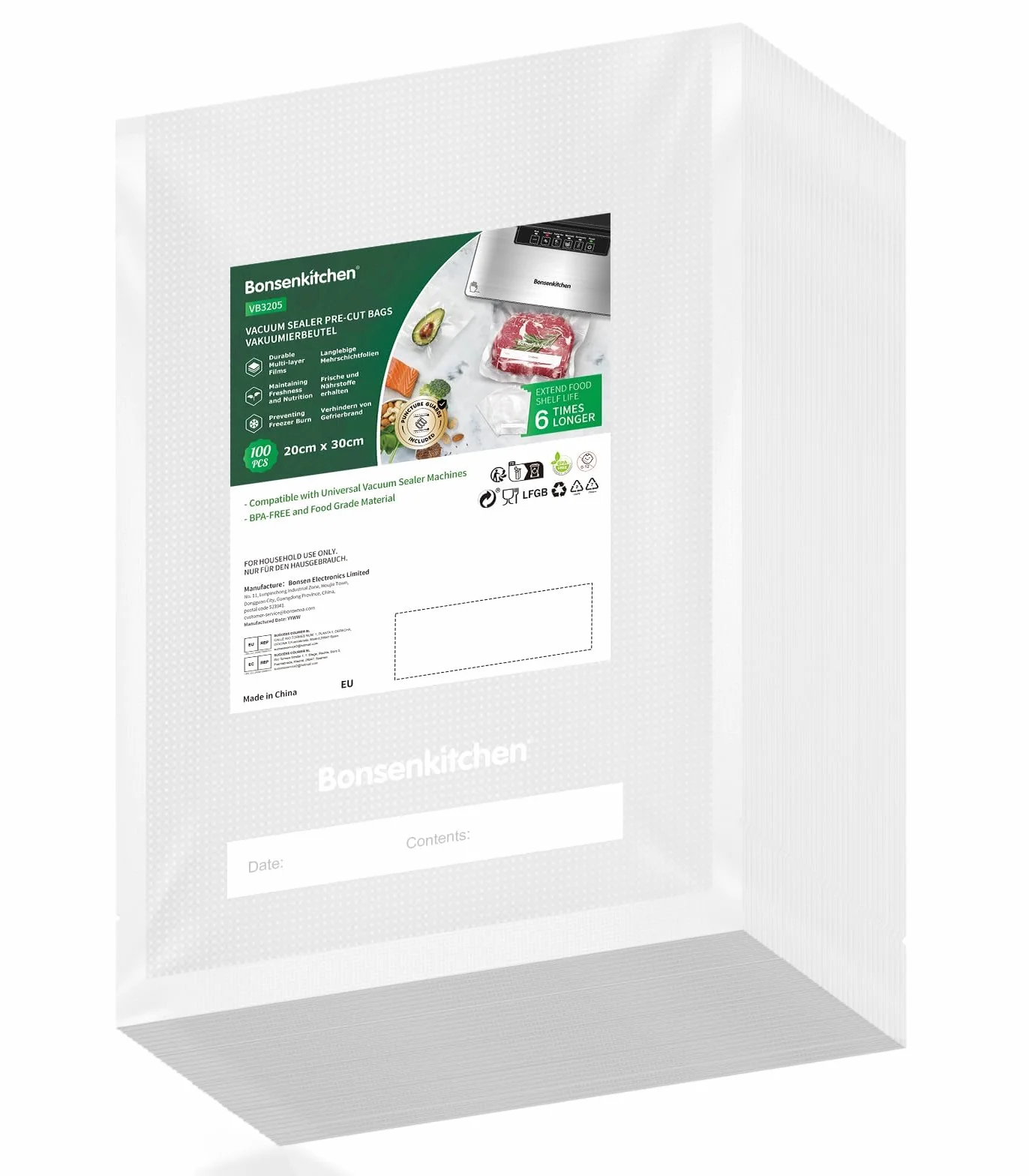 Bonsenkitchen - Bolsas de vacío para alimentos (100 bolsas, 20x30cm, para máquina al vacío, bolsas de PVC para hacer el vacío de aire con gofres para la conservación de alimentos y la cocción, VB3205