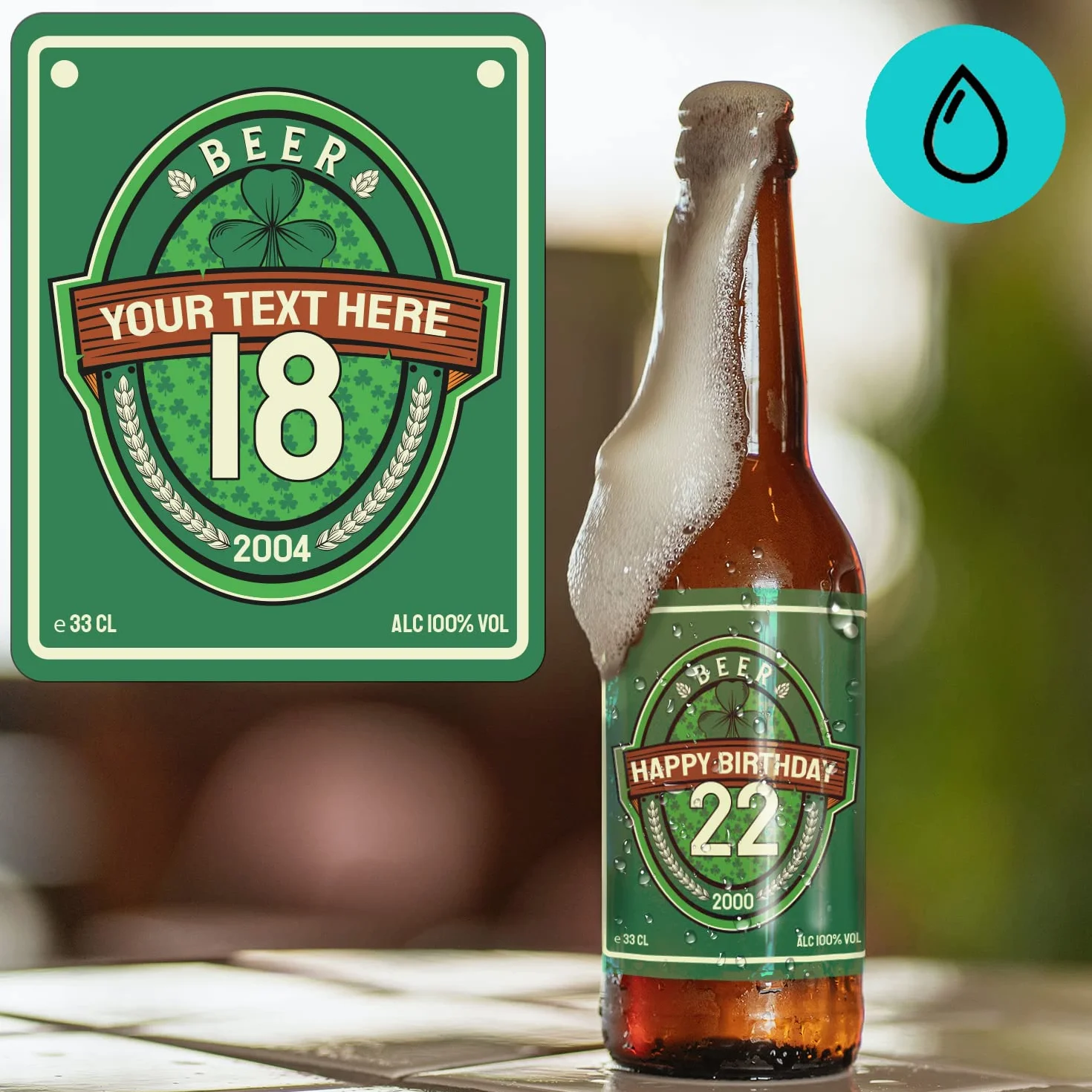 Pack de 6 Etiquetas Personalizadas para Botellas de Cerveza, con Texto y Edad, Pegatinas Pub Irlandés, Resistente al Agua y Hielo, Ideal para Cumpleaños y Fiestas, Tamaño a Elegir: 20cl, 33cl, 1L