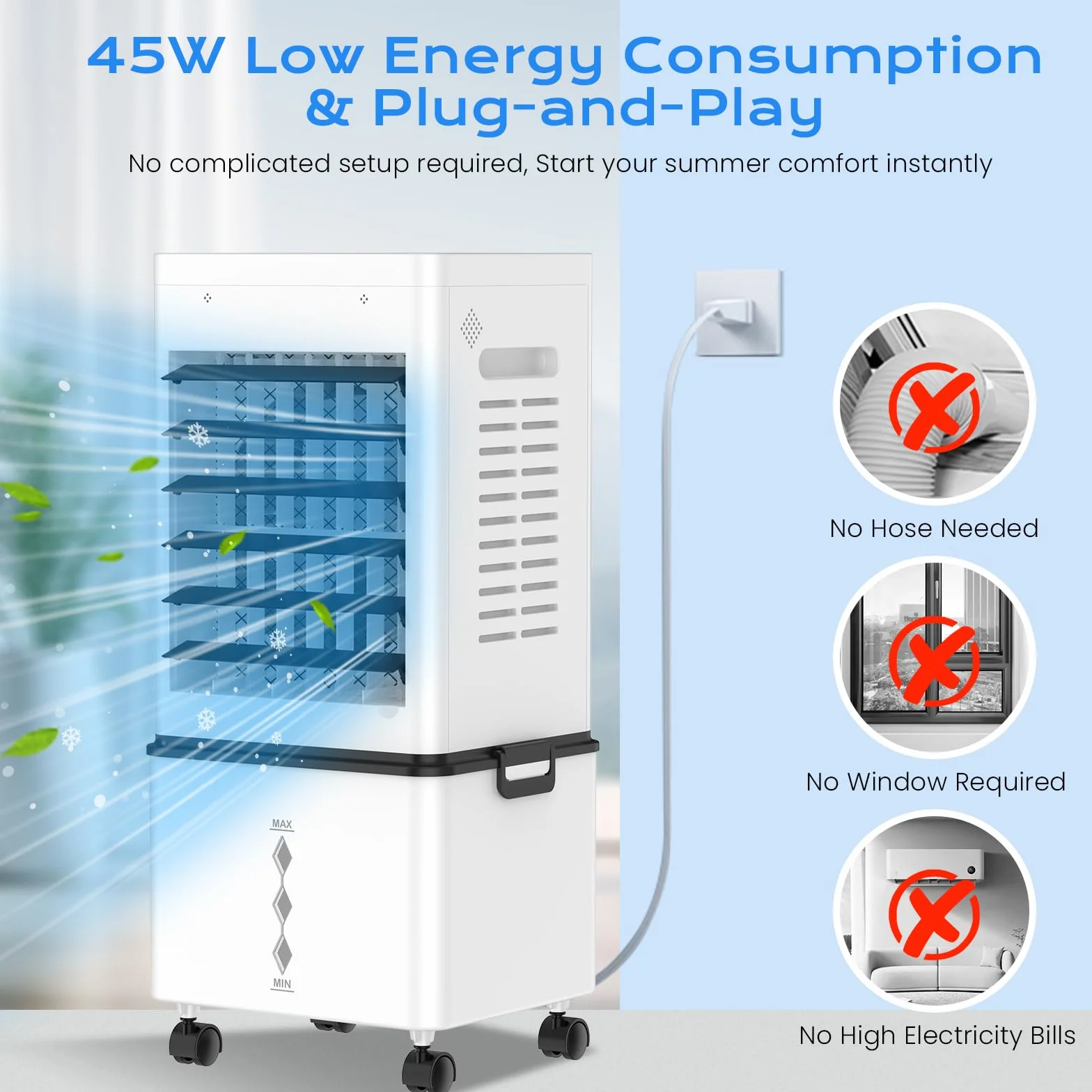 Aire Acondicionado Portátil sin Tubo 12L, 45W 4 en 1 Enfriador de Aire Silencioso, 6 Velocidades 3 Modos, Oscilación, Temporizador de 1-12 H, Control Remoto 4 Packs de Hielo para Hogar Oficina