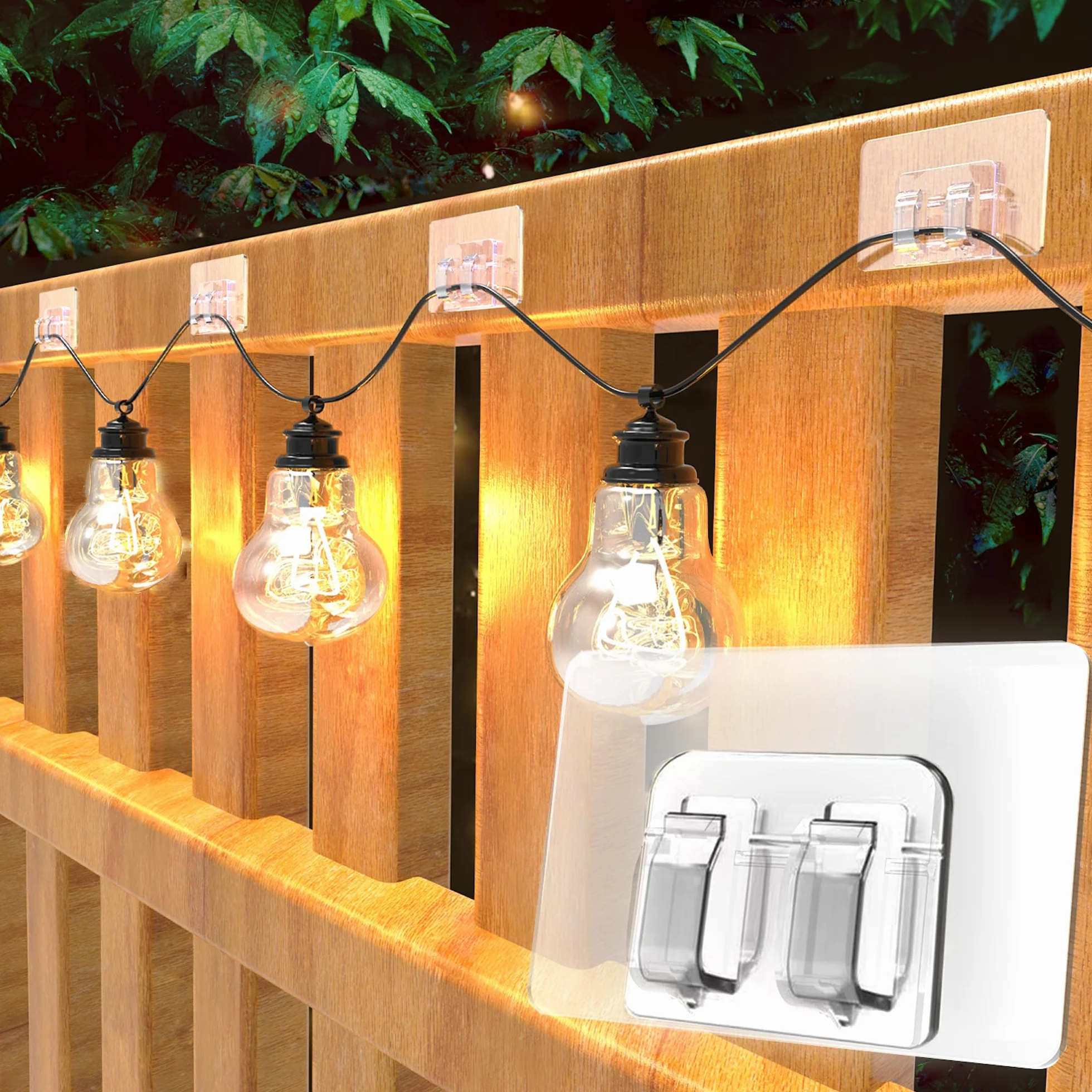 Paquete de 50 ganchos para luces de cadena al aire última intervensión con tiras adhesivas, impermeables, resistentes a los rayos UV, sin daños, instalación sin herramientas para Navidad, patio