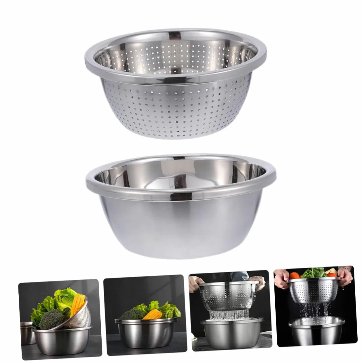 Colador Inoxidable de Acero Verduras Doble Capa | Plata, Malla Fina en Capa Interior, Portátil, para Lavar Fruta y Drenar Agua en Cocina o Camping