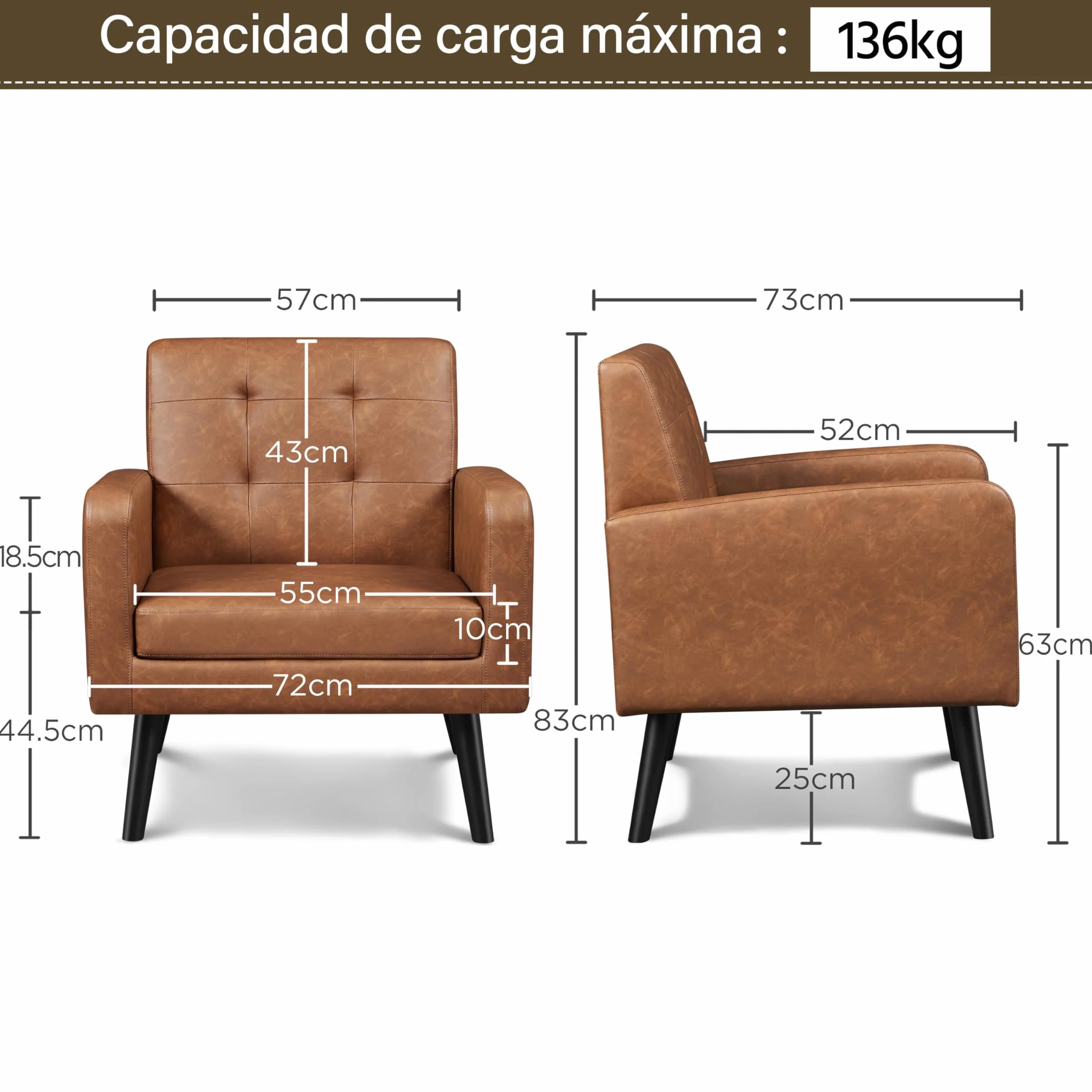 Yaheetech Butaca de Salón Sillón Lectura Tapizada en PU con Respaldo Alto y Patas de Madera de Caucho Sillón Relax Moderno para Salón Dormitorio o Balcón Carga 136 kg Marrón