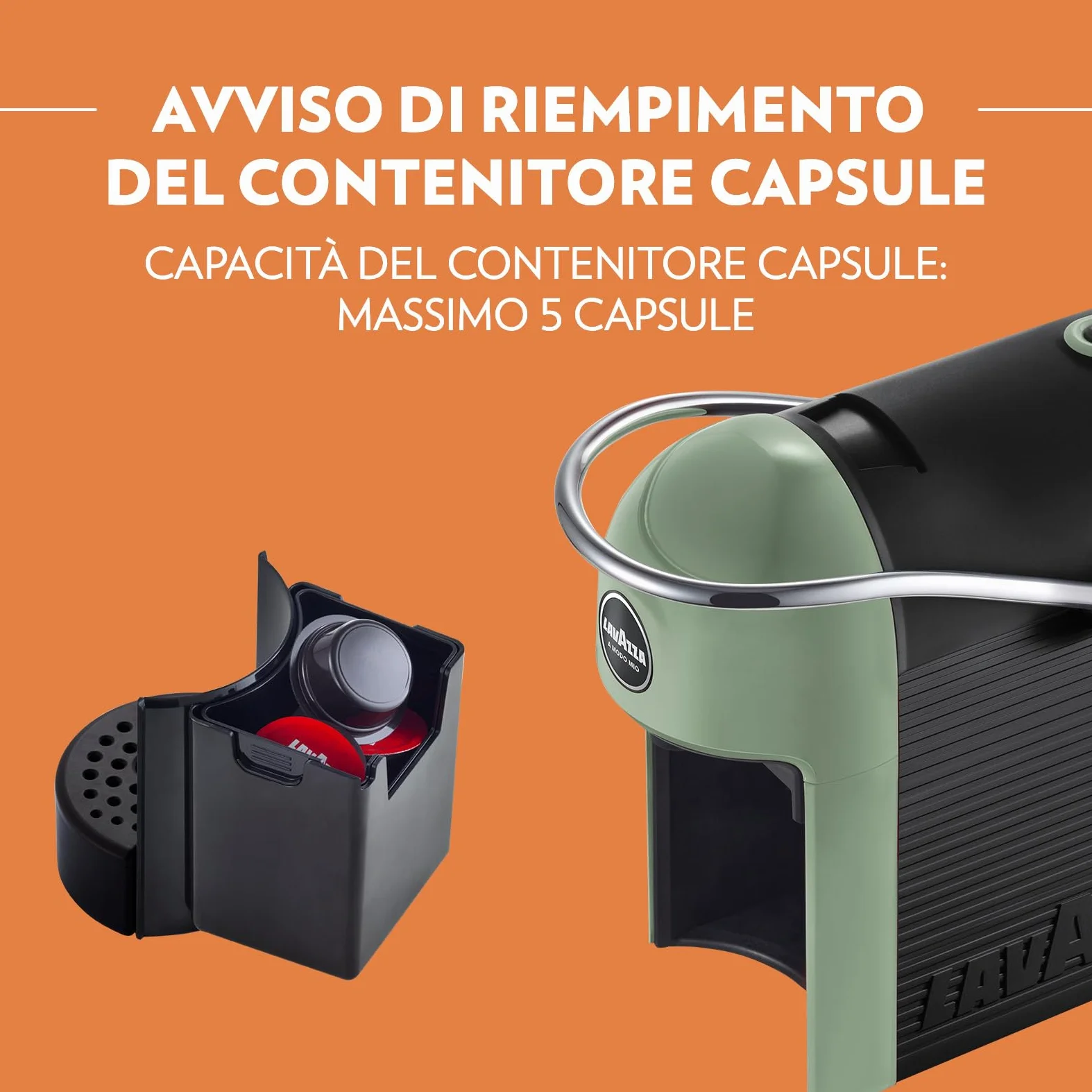 Lavazza, A Modo Mio Jolie Evo, Cafetera de 36% Plástico Reciclado, Máquina de Café Expreso con 64 Cápsulas Lavazza, A Modo Mio Crema y Sabor Clásico Incluido, Verde