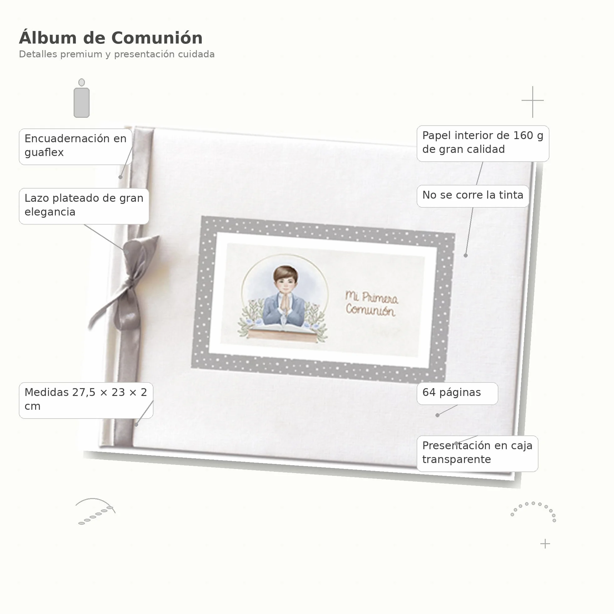 Libro de Firmas Comunión Niño – Álbum de Recuerdos con Portada Acolchada en Guaflex Blanco Elegante, Lazo Plateado, Papel 160 g, 64 Páginas, 27,5 x 23 cm – Presentación en Caja Transparente